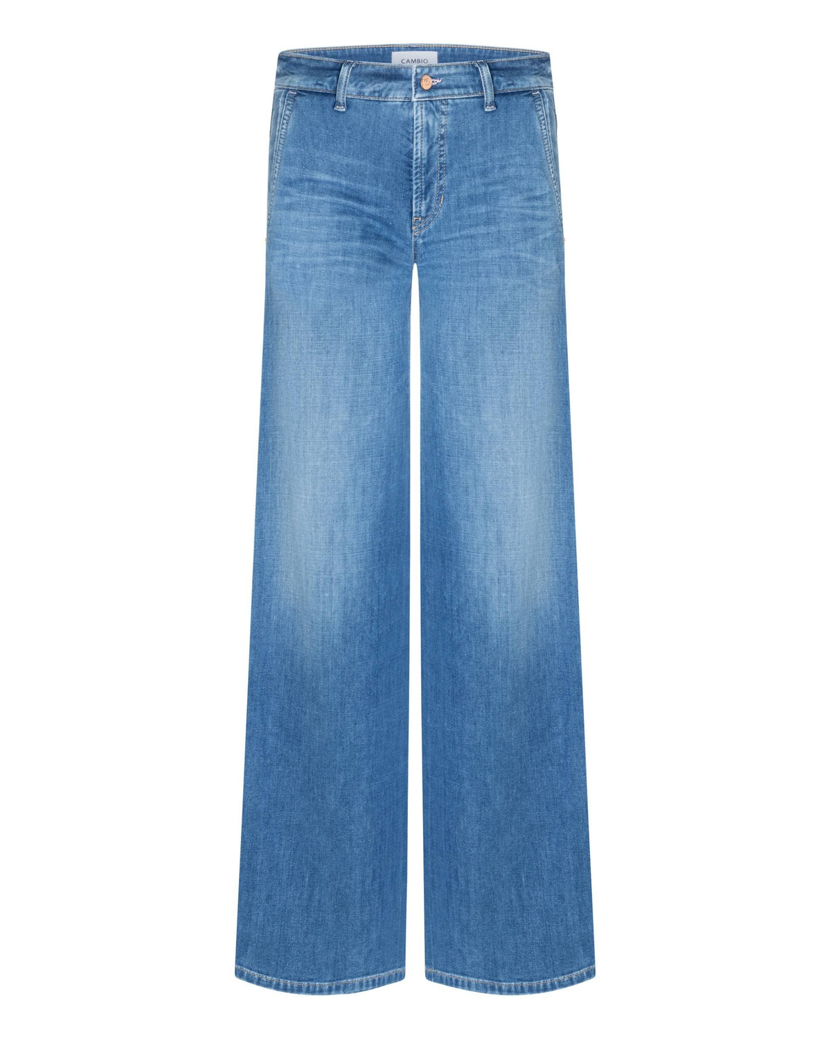 Cambio Alek lys blå denim bukse med høyt liv, vide ben, skrå forlommer og sølvknapplukking