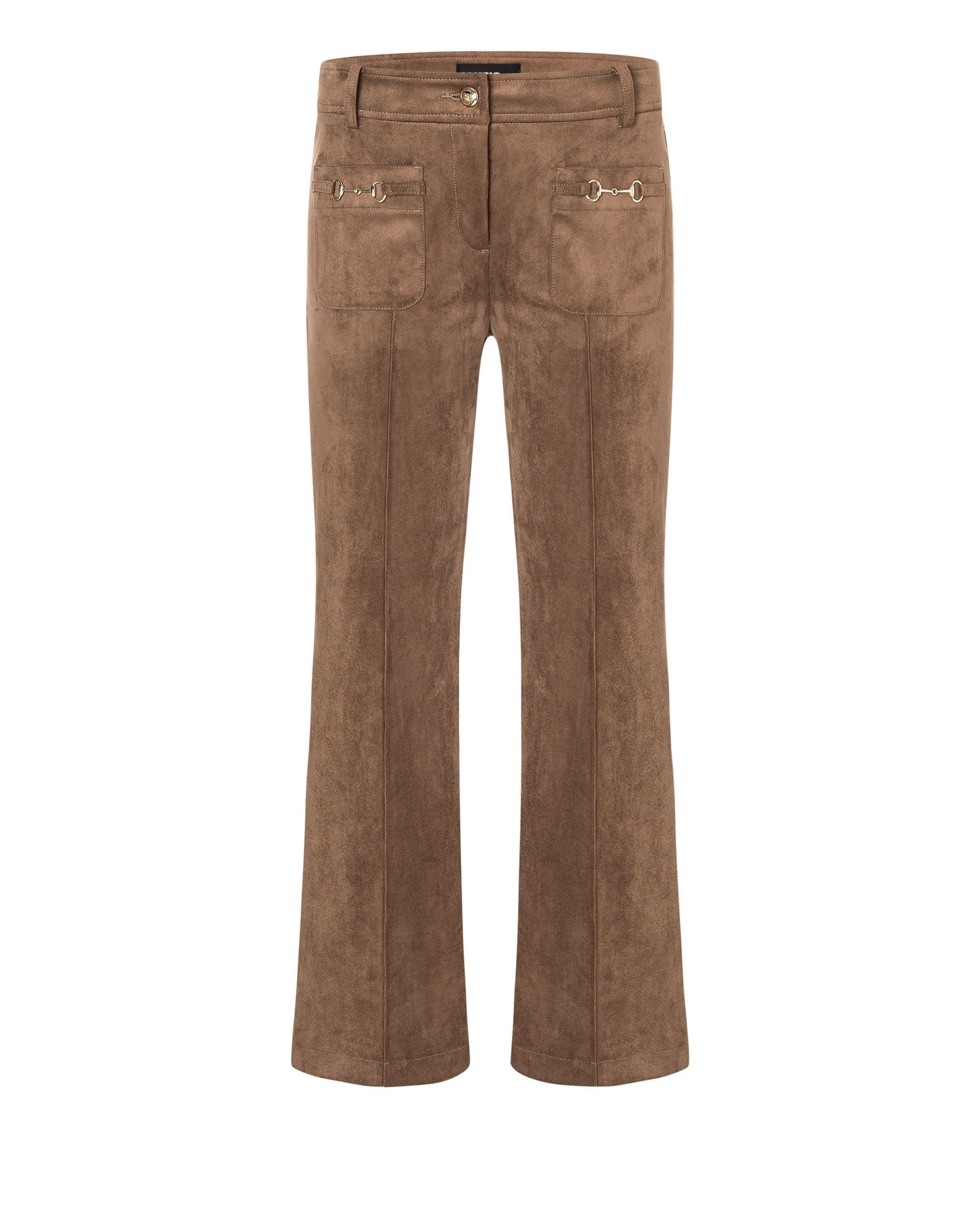 Cambio Farah bukse i mocca velour stretch, detaljer med gullfargede ringer på lommene