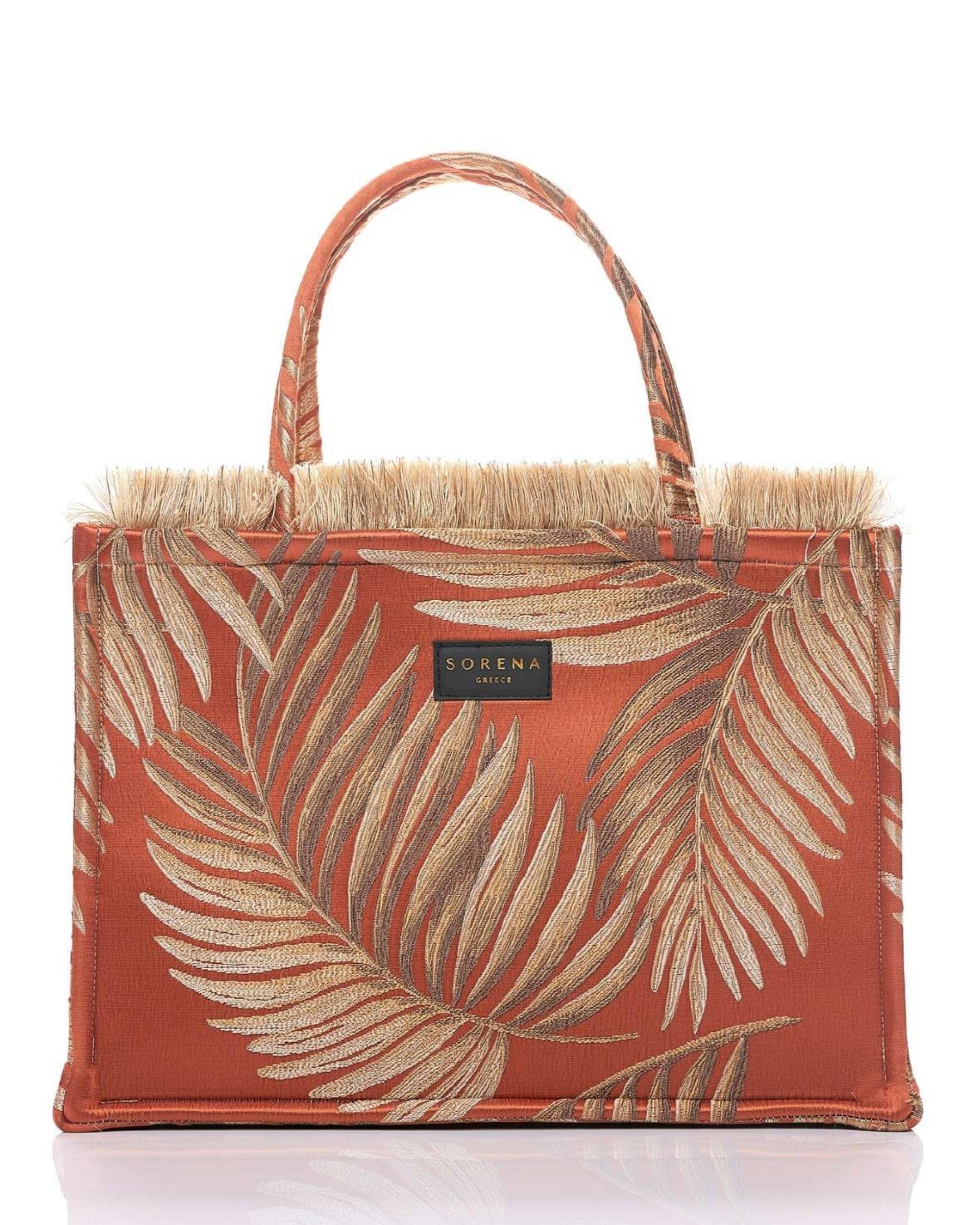 Ftera Large Tote Bag fra Sorena, håndlaget toteveske i brokade med gullmønster og frynser