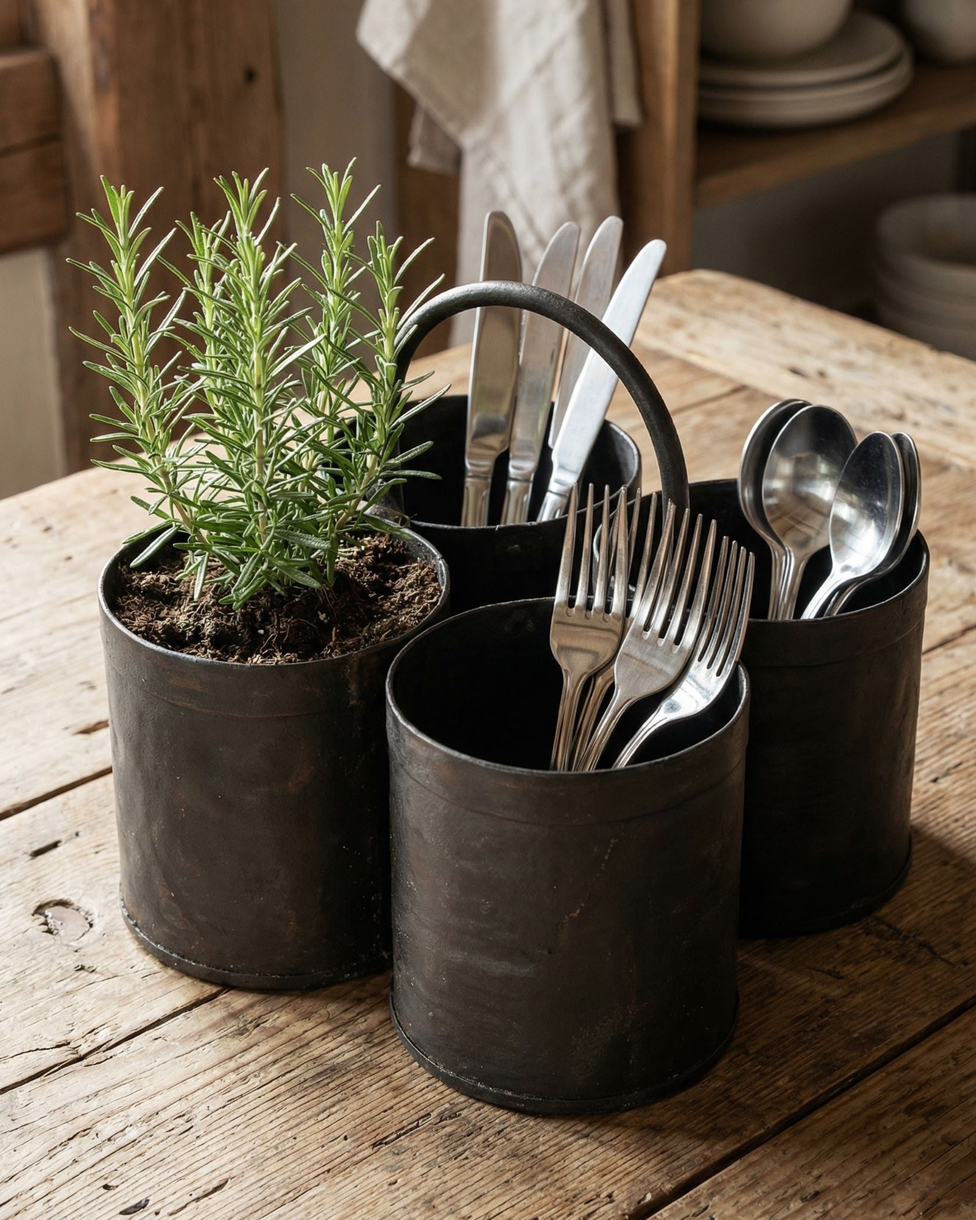 Sjælsø Nordic Jernpotter: buede potter i svart jern med patina, en fylt med rosmarin, to med bestikk, står på trebord.