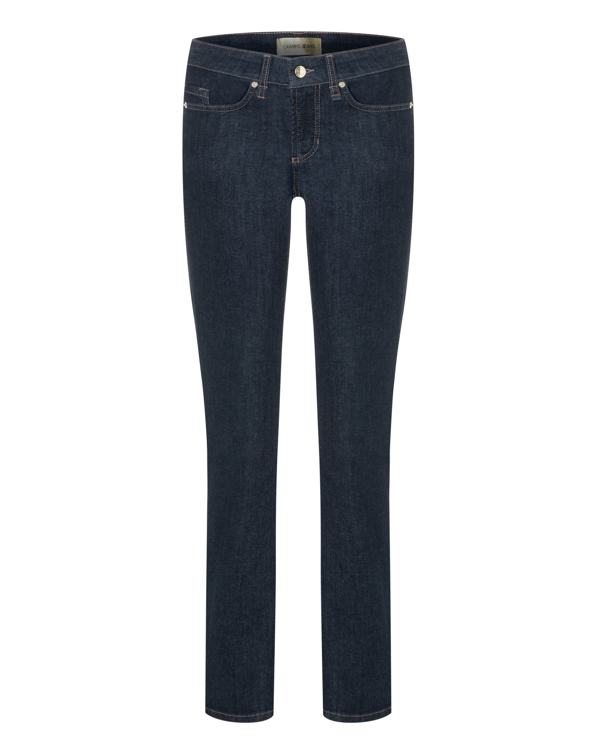 Cambio Piper Long Jeans i mørkeblå denim med gullknapp, glidelås, beltehemper og sidelommer.