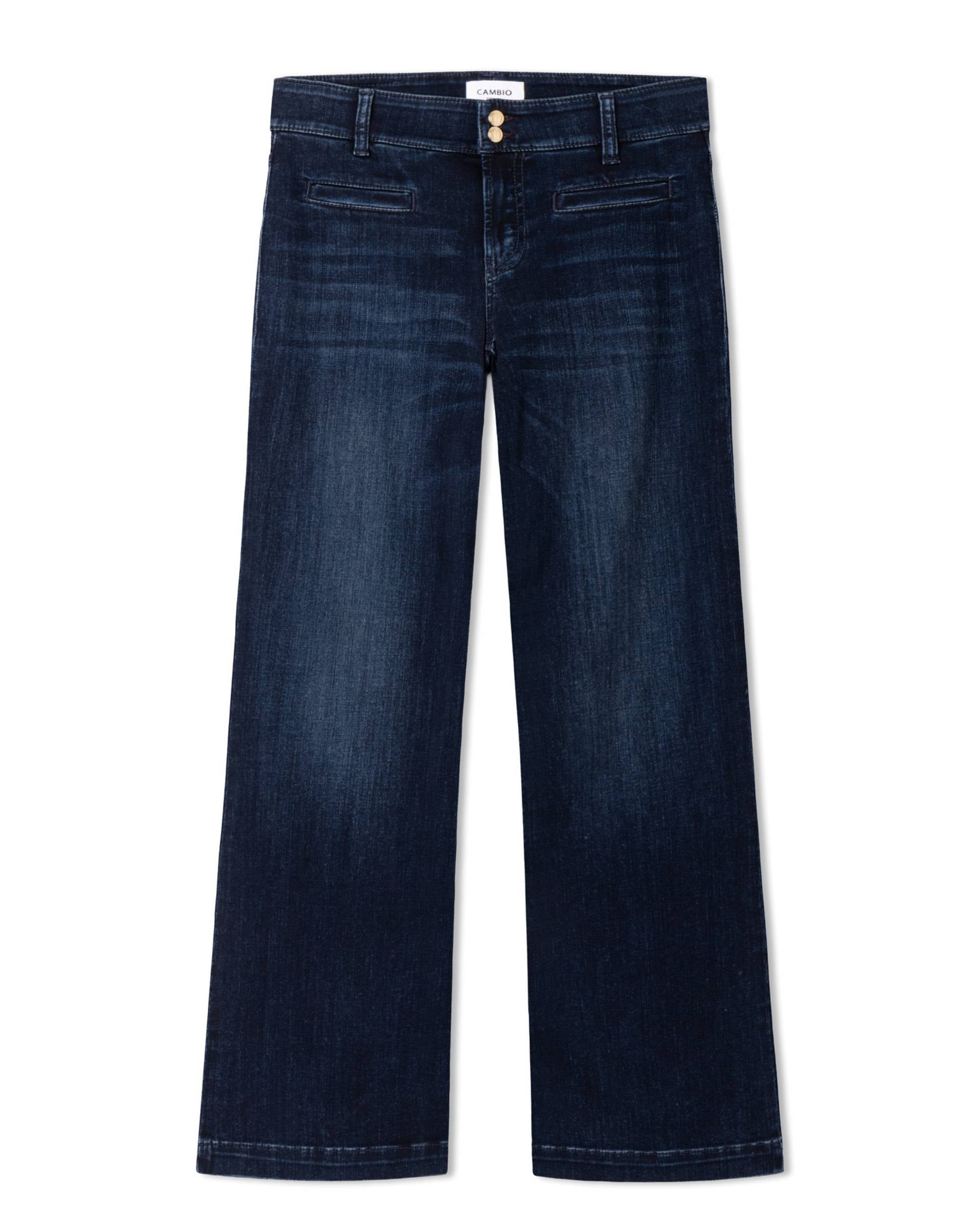 Cambio Tessa bukse i mørkeblå denim, vide ben, to gullknapper i livet, en elegant og tidløs stil