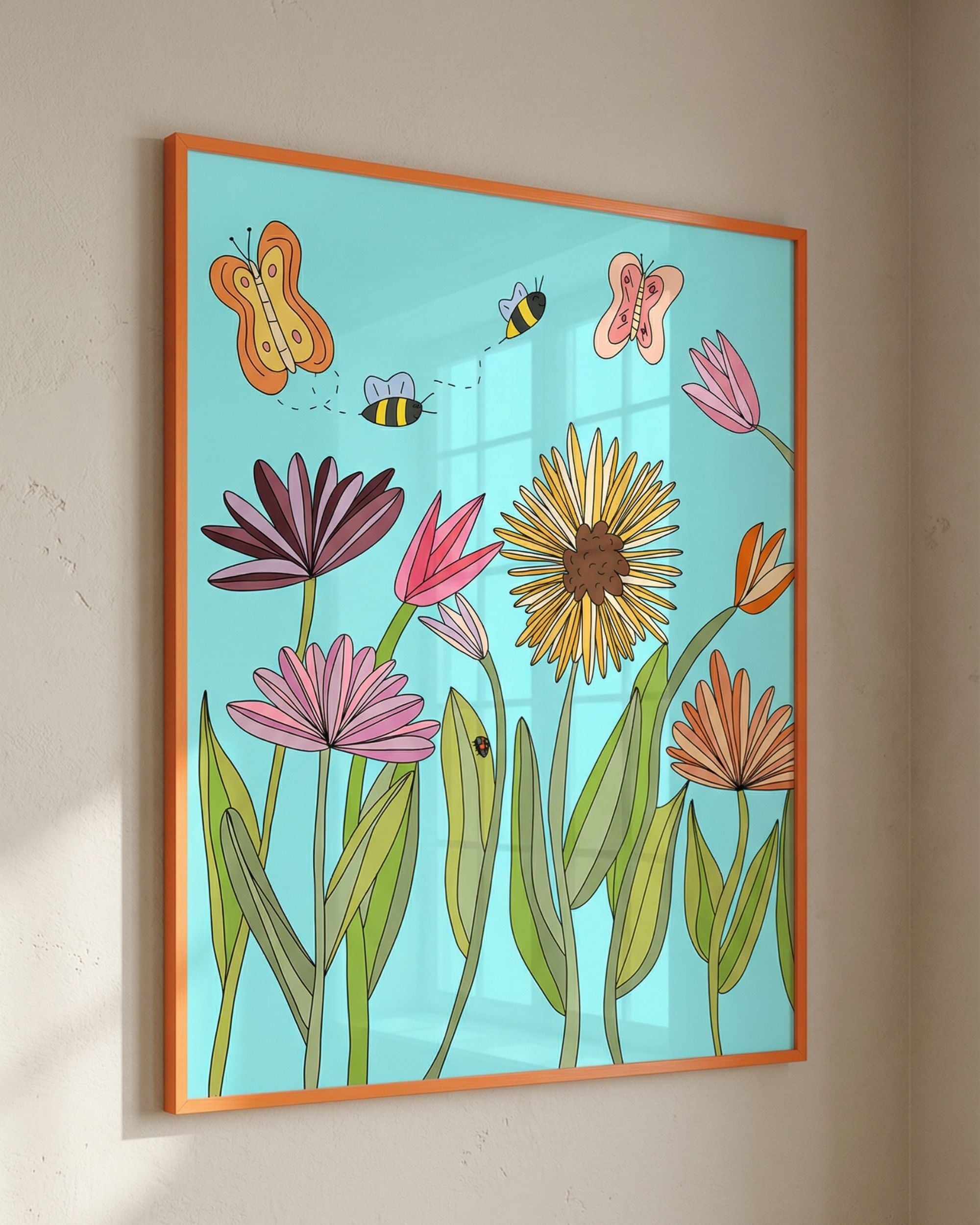 Printbydale "Vår" Limited Edition print med lekent blomstermotiv, bier og sommerfugler på lyseblå bakgrunn, oransje ramme