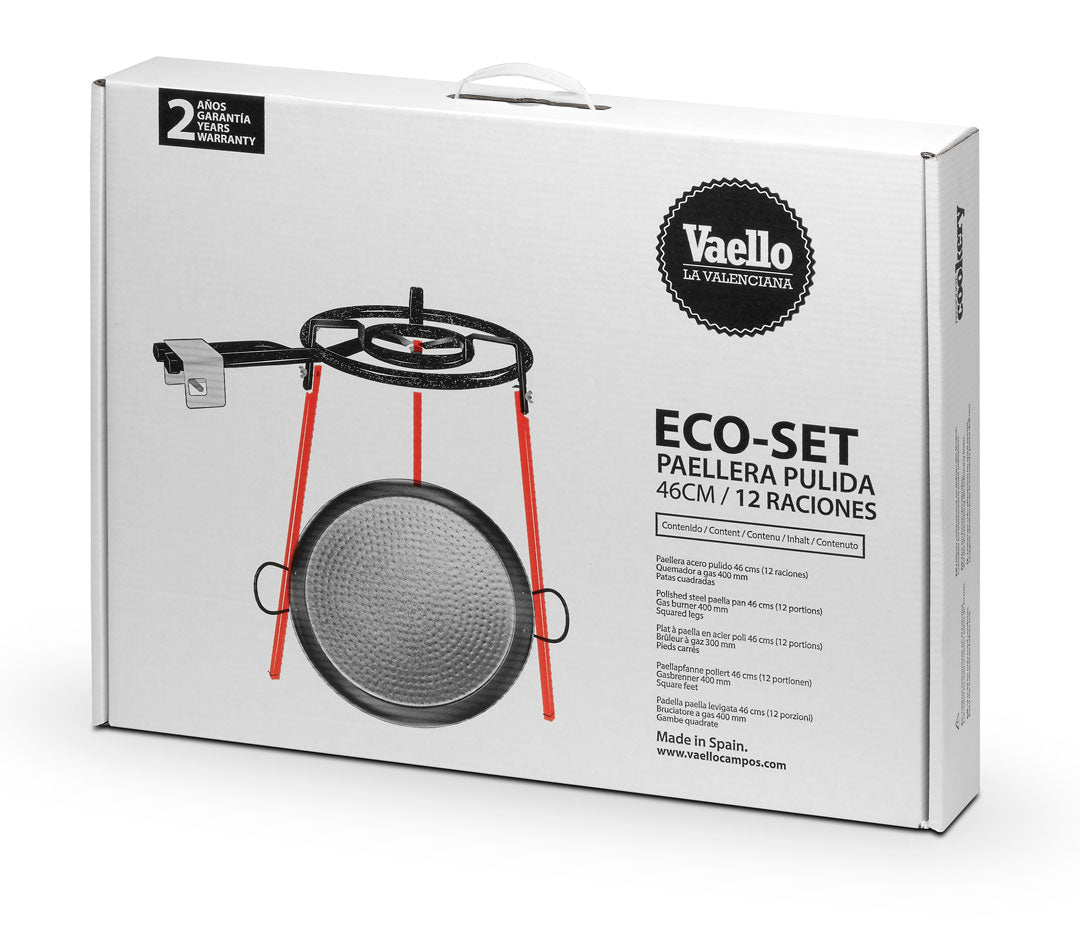 Paellasett, gassbrenner og emaljert panne fra Vaello (46 cm)