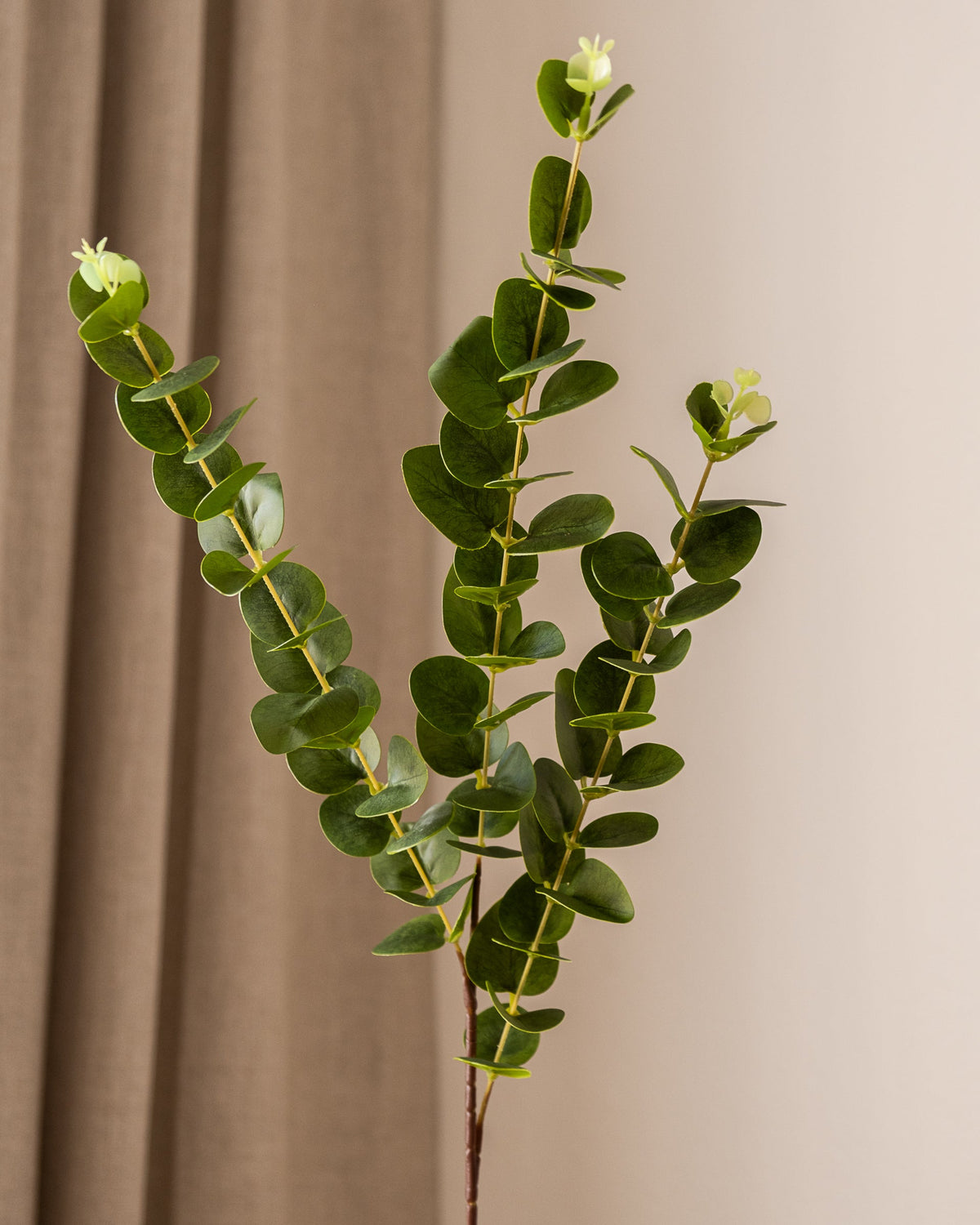 Amarante Eucalyptus kunstig blomst med mørkegrønne runde blader og lysegrønne skudd, naturtro tekstur