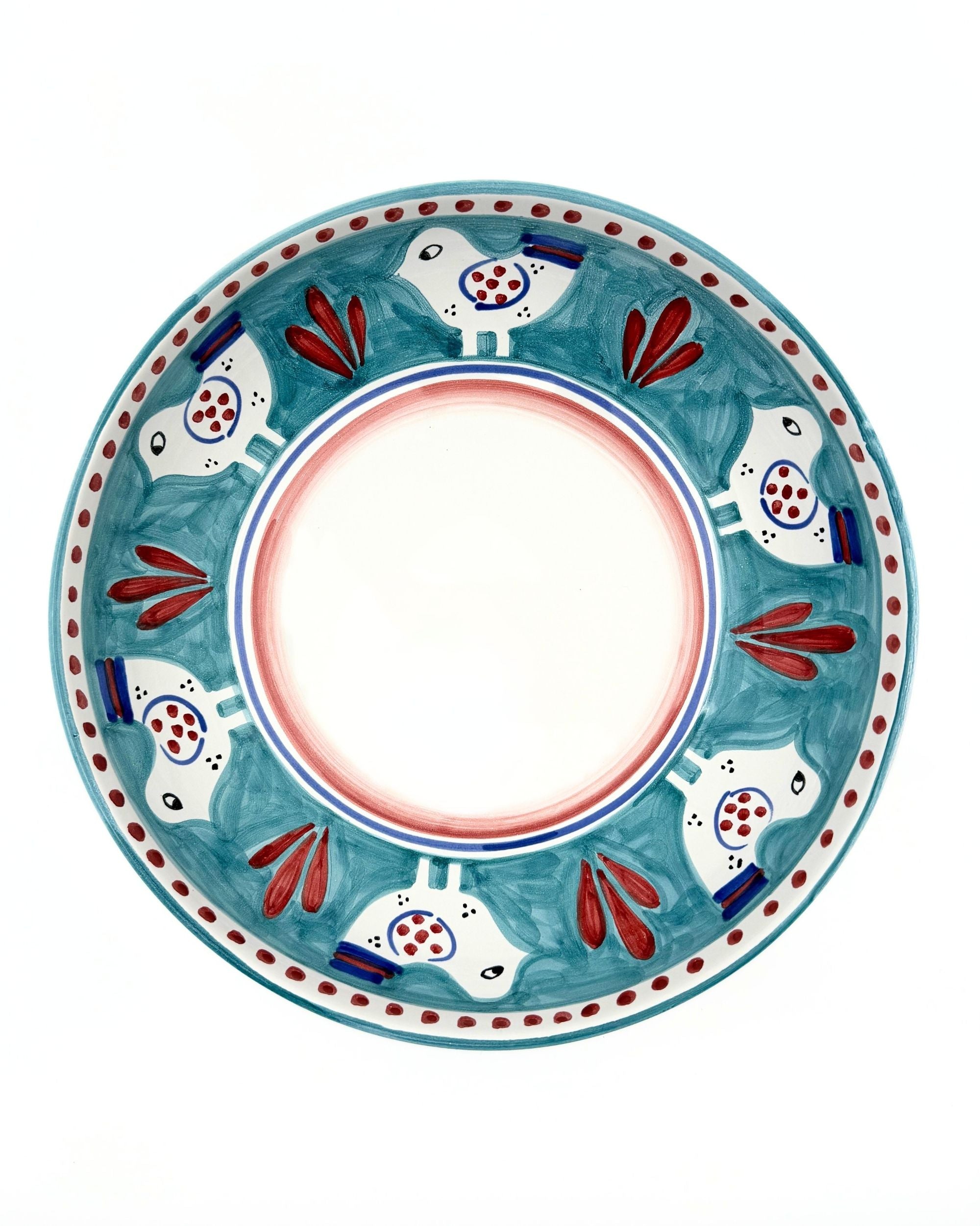 Dipinto Ceramics Amalfi bolle, kanten i turkis håndmalt keramikk med hvite fugler, røde blader og prikker.