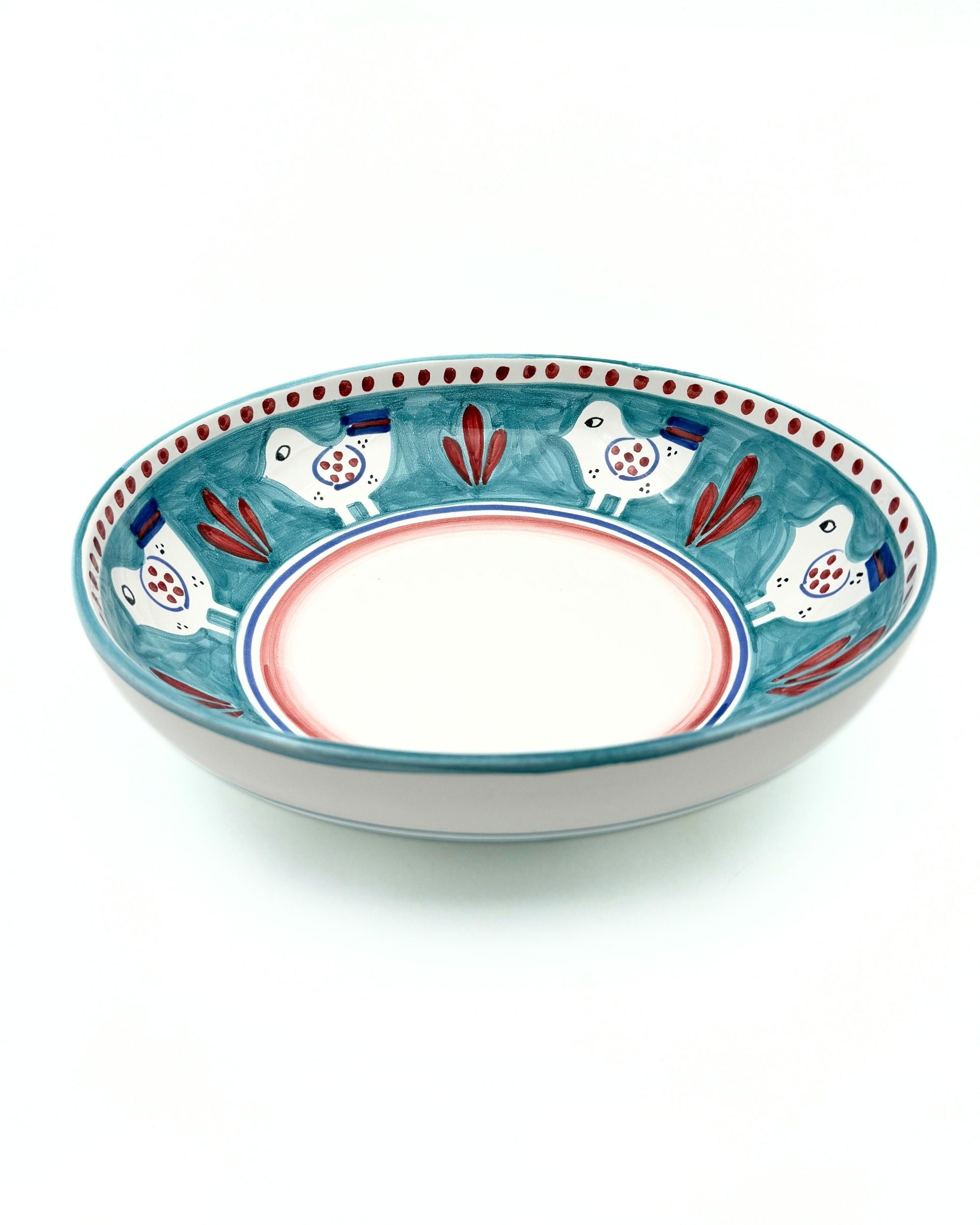 Dipinto Ceramics Amalfi bolle, detalj av den turkise kanten med fugle- og grenmønster, rødbrun prikkekant