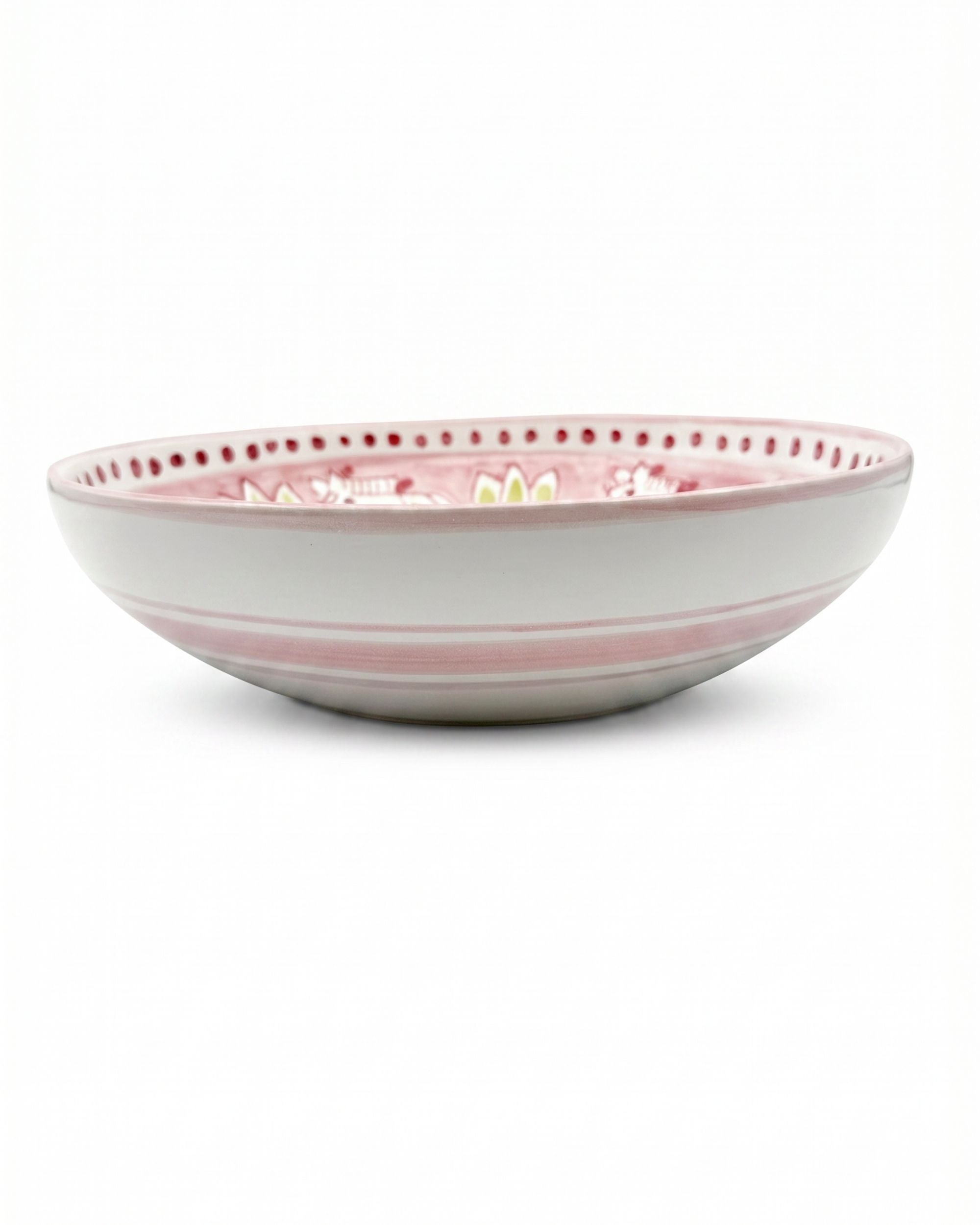 Dipinto Ceramics Amalfi bolle, detalj av rosa mønster med prikker og blomster på innside, hvite striper utvendig