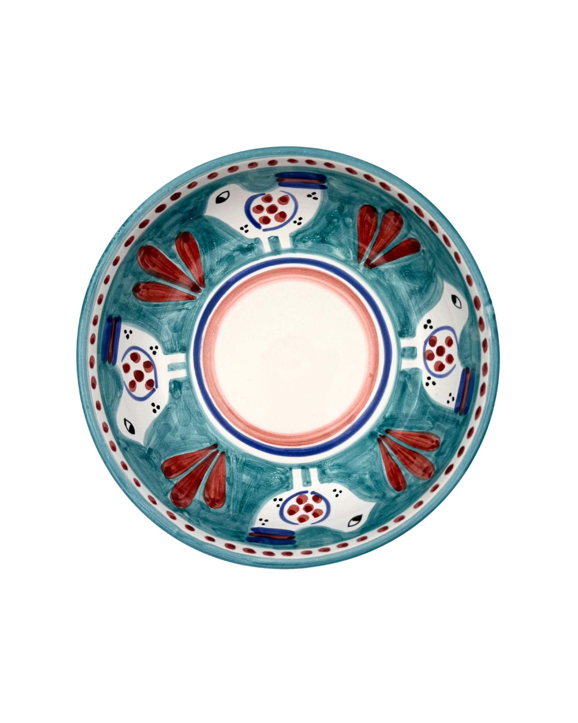 Dipinto Ceramics Amalfi-bolle 18cm med håndmalt turkis bakgrunn, hvite fugler med røde vinger og prikker.