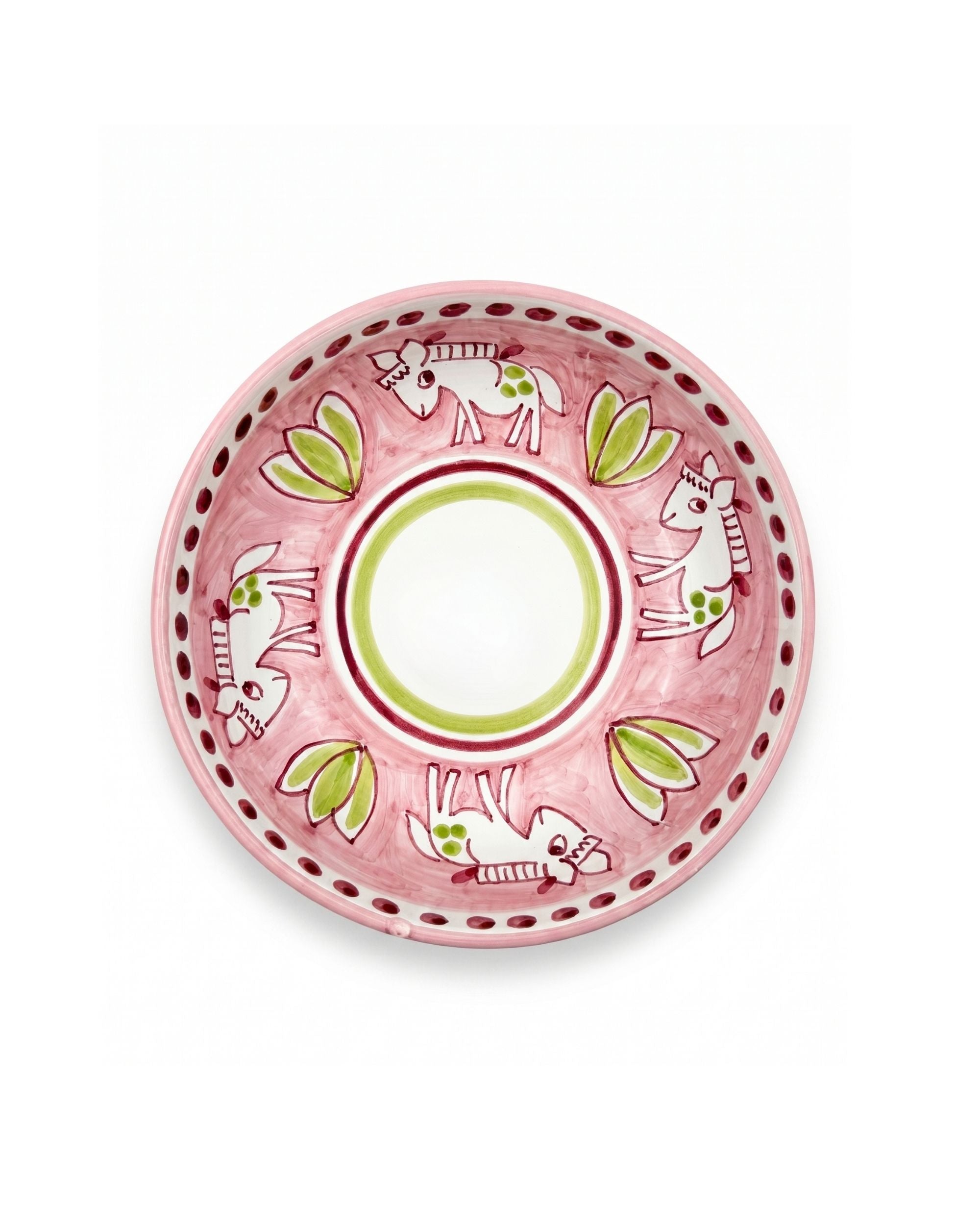Dipinto Ceramics Amalfi bolle, detalj av håndmalt, rosa keramikk med grønne og hvite hester, prikkete kant