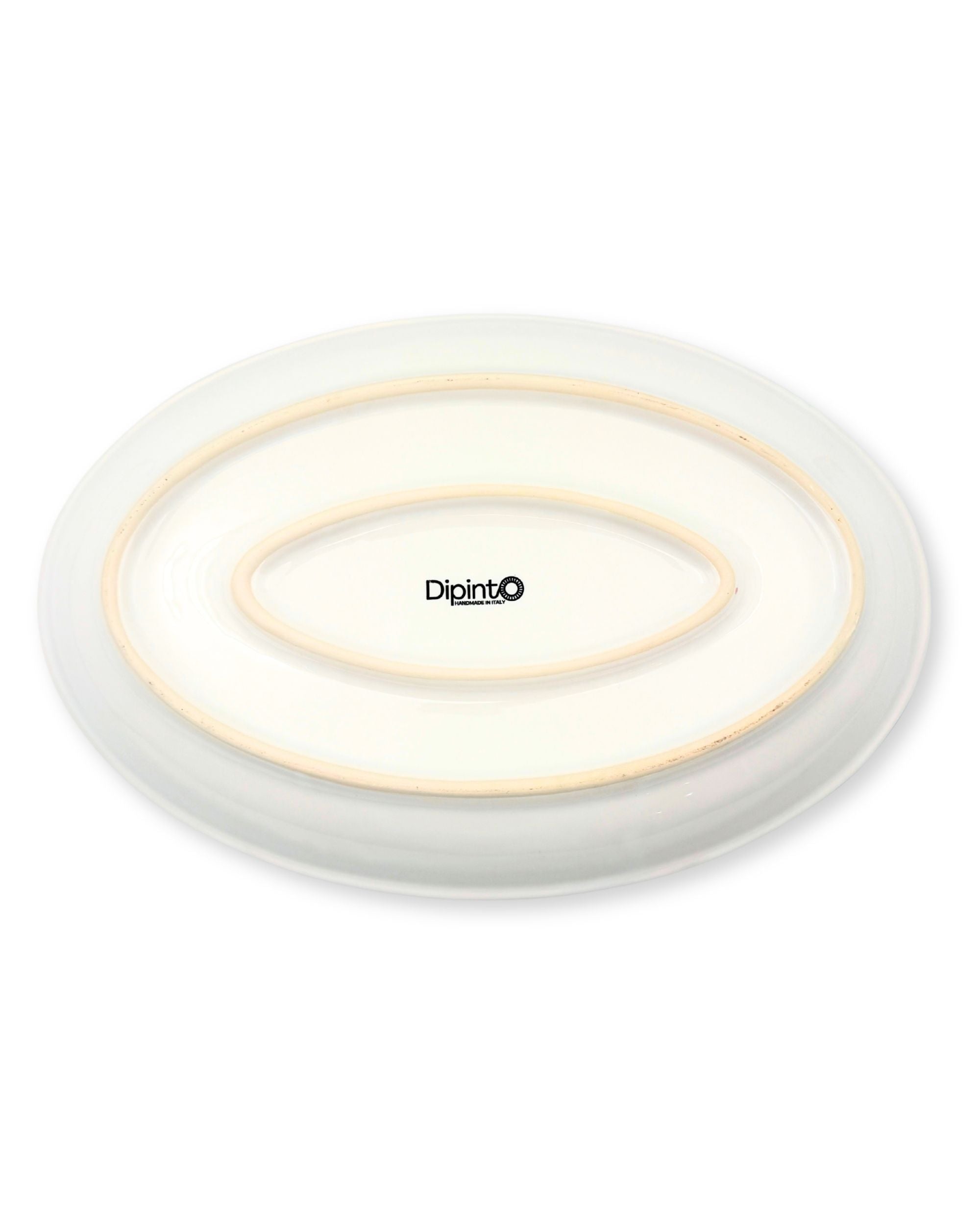 Baksiden av Dipinto Ceramics Amalfi ovale fat 40cm, med synlig rå keramikk og "Dipinto Handmade in Italy"-logo