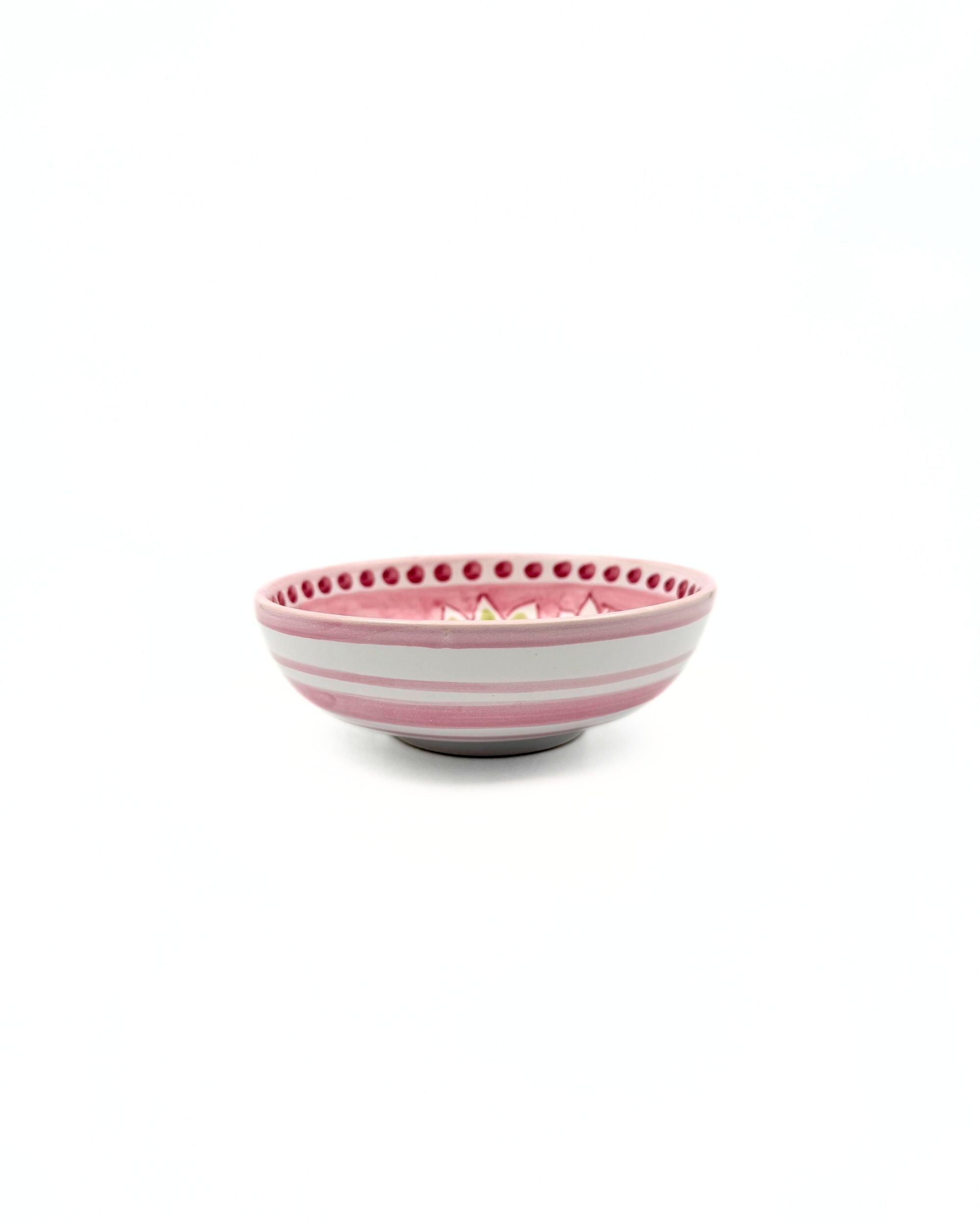 Dipinto Ceramics Amalfi liten bolle i keramikk, rosa og hvit stripete med hvit flekkemønster på rosa kant