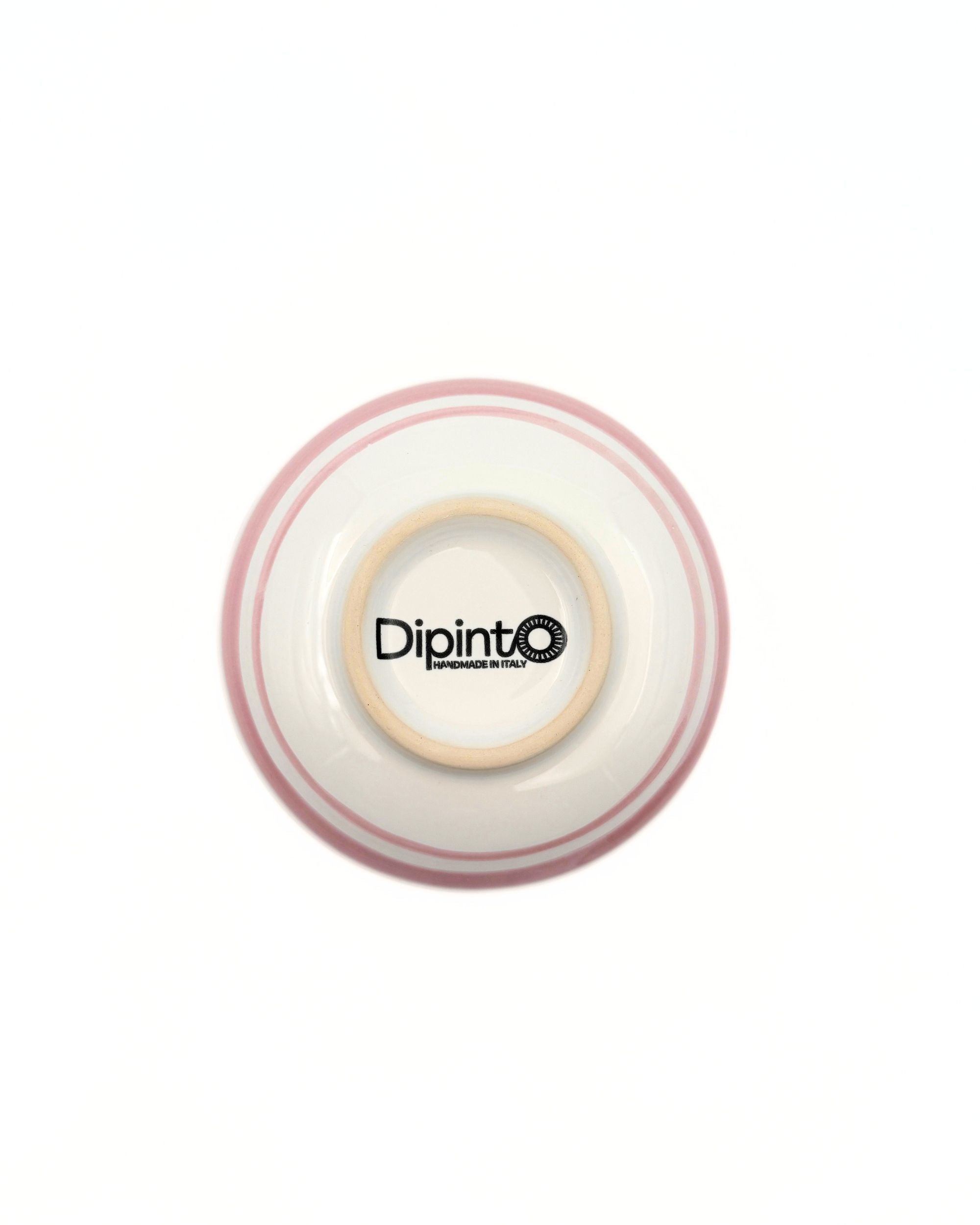 Dipinto Ceramics Amalfi liten bolle, detalj underside med lysebrun bunn, rosa striper og logo