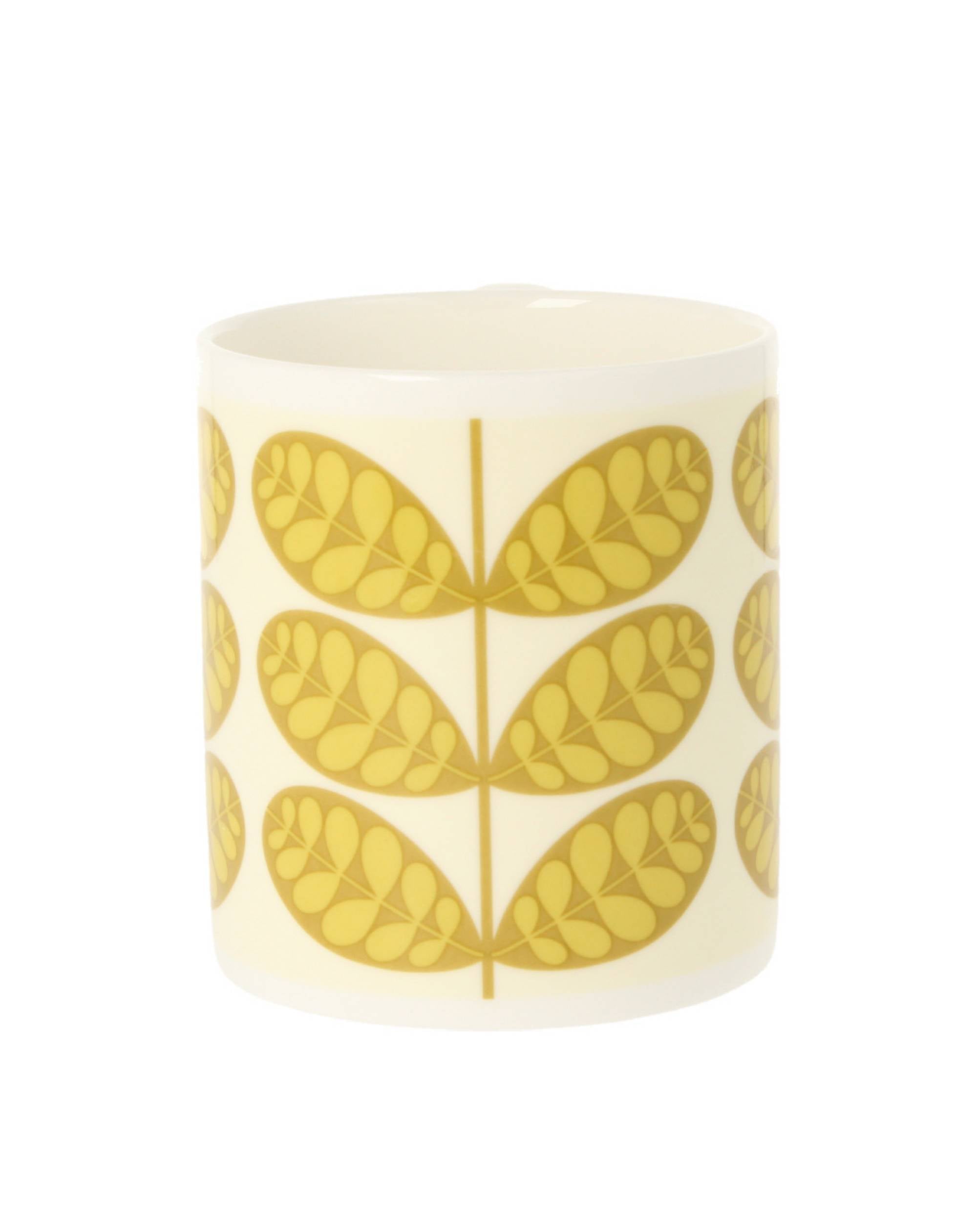 Orla Kiely Botanica Stems Ochre kopp, detalj av mønster med gula botaniske stengler på kremfarget kopp