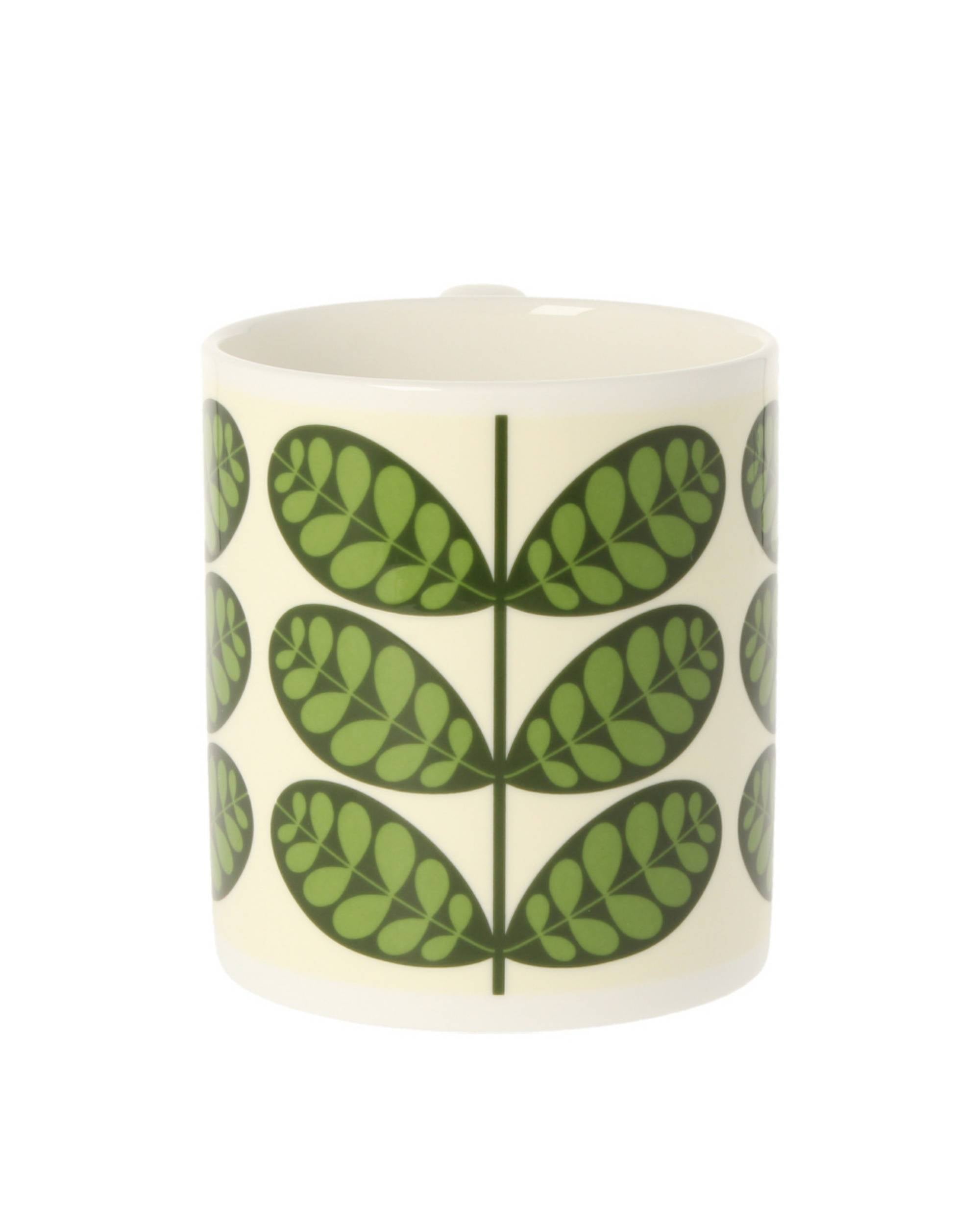 Orla Kiely Botanica Stems Green keramikk-kopp med grønt stilkmønster på lys bakgrunn, innvendig kremfarget