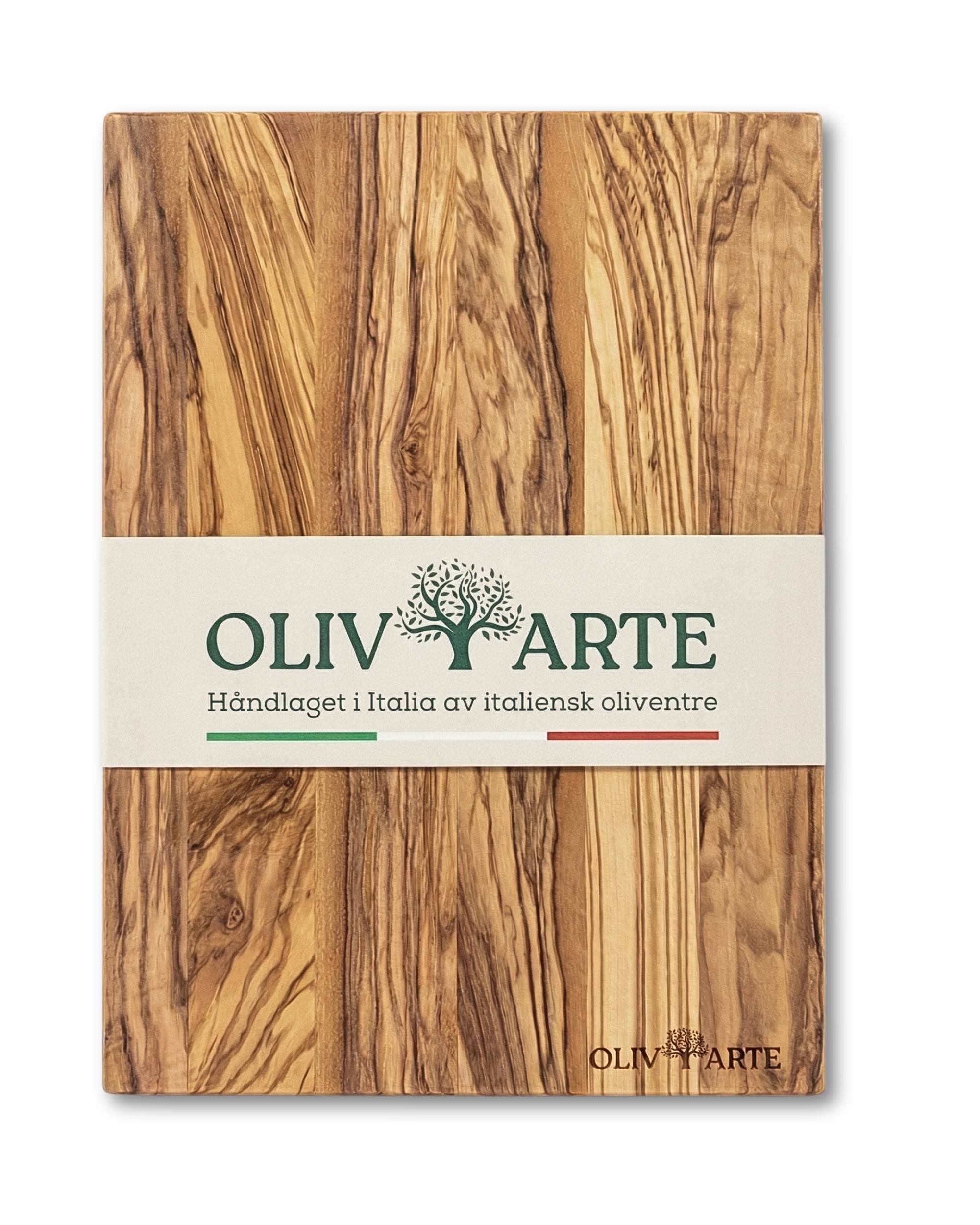 OlivArte skjærefjøl i oliventre, lys brun med mørkere årringer, innpakket med hvit etikett og grønn logo