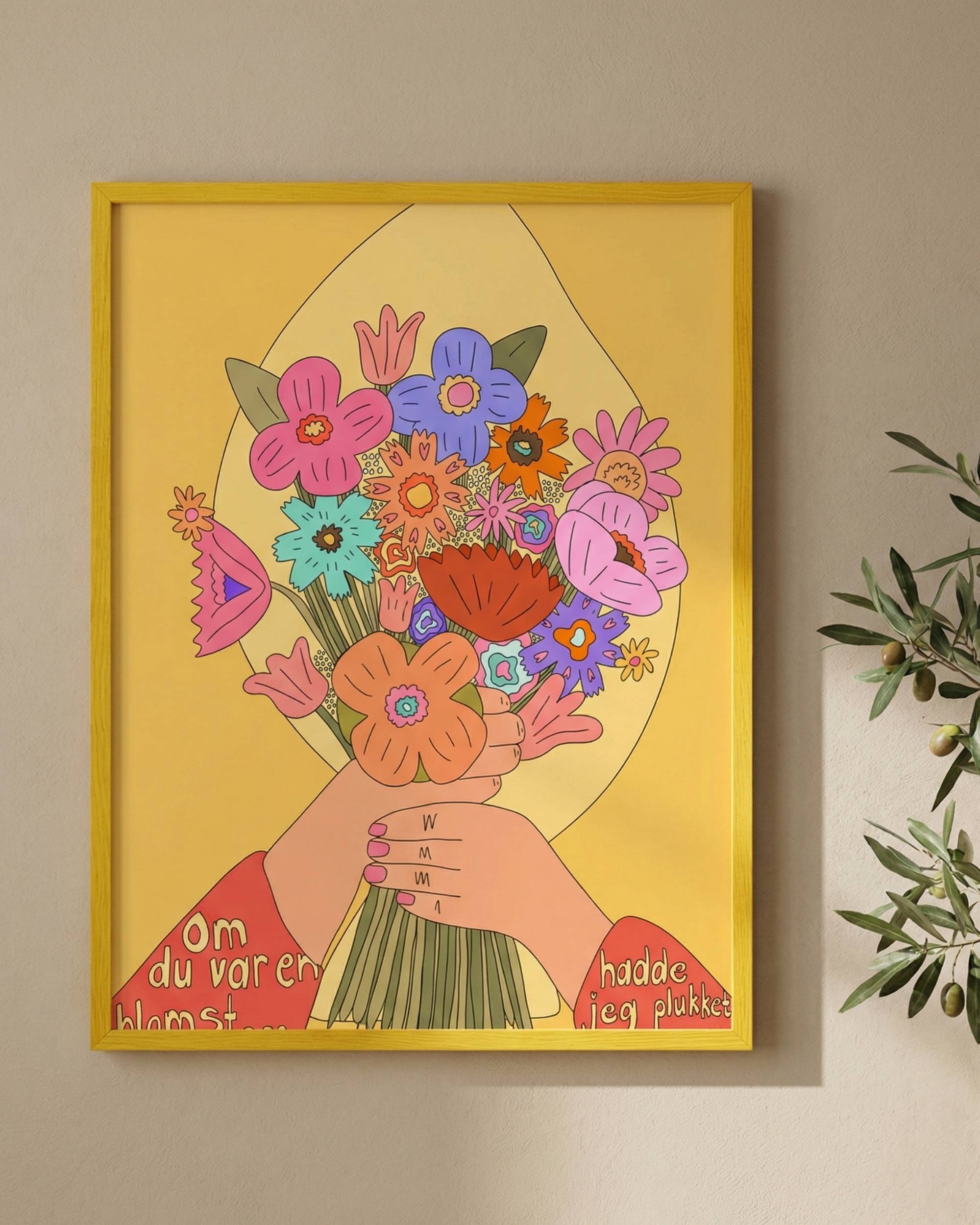 Detalj av Printbydale Om du var en blomst print med gulfarget ramme, fargerikt abstrakt blomstermotiv og tekst.