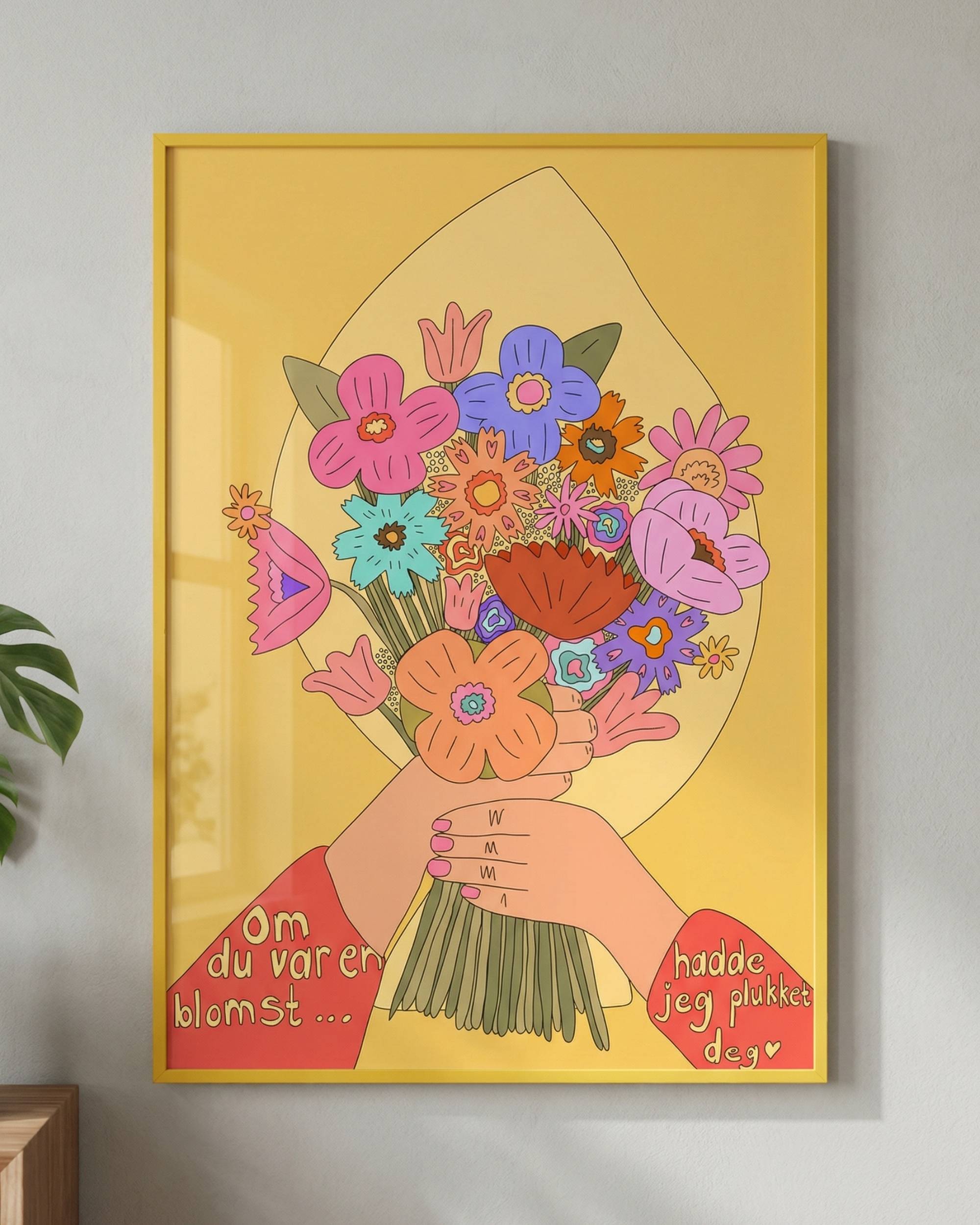 Detalj av Printbydale-printet Om du var en blomst i gul ramme, viser hender med fargerik blomsterbukett.
