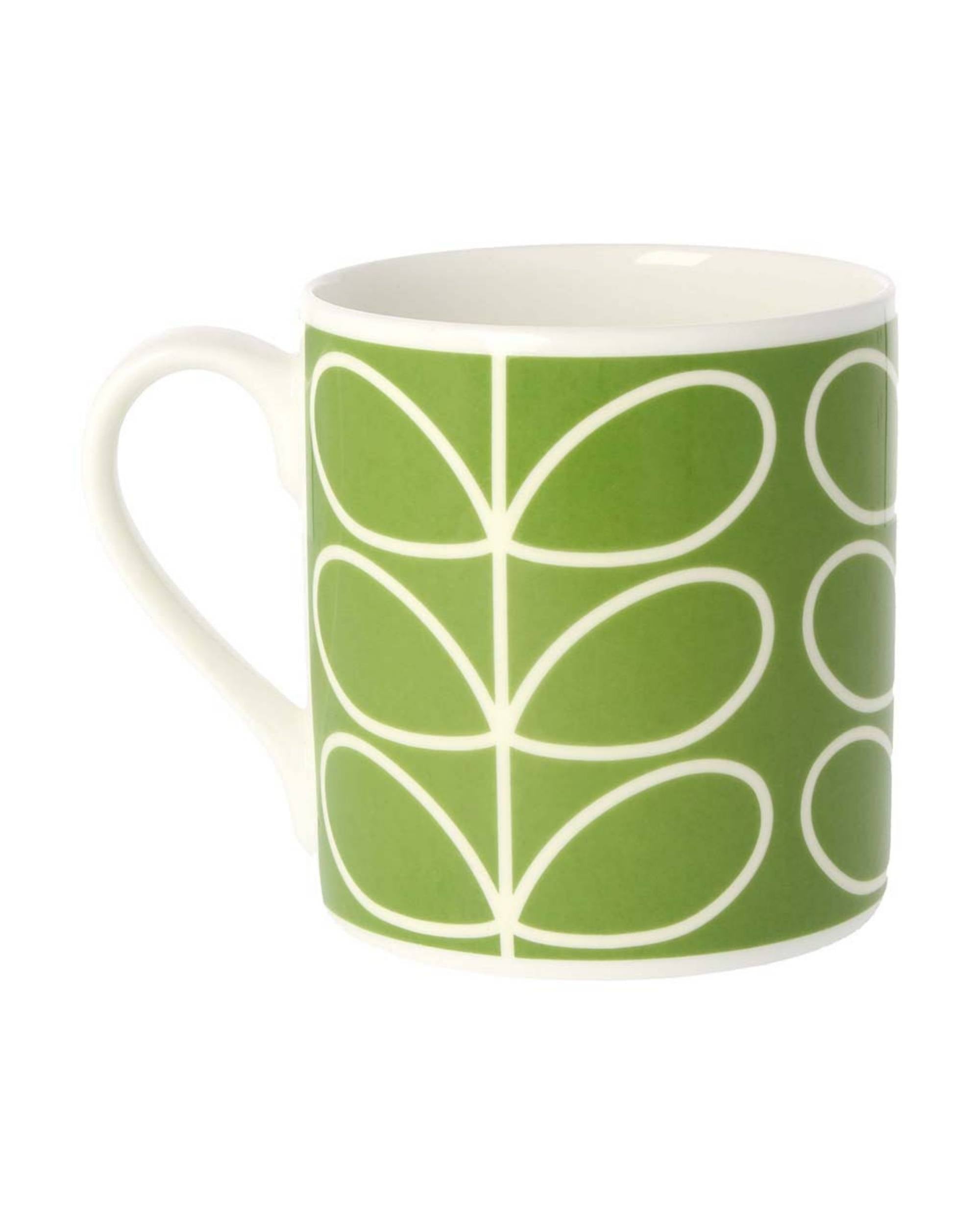 Orla Kiely Linear Stem grønn kopp i keramikk, med hvitt stilkmønster og hank, detalj av mønsteret