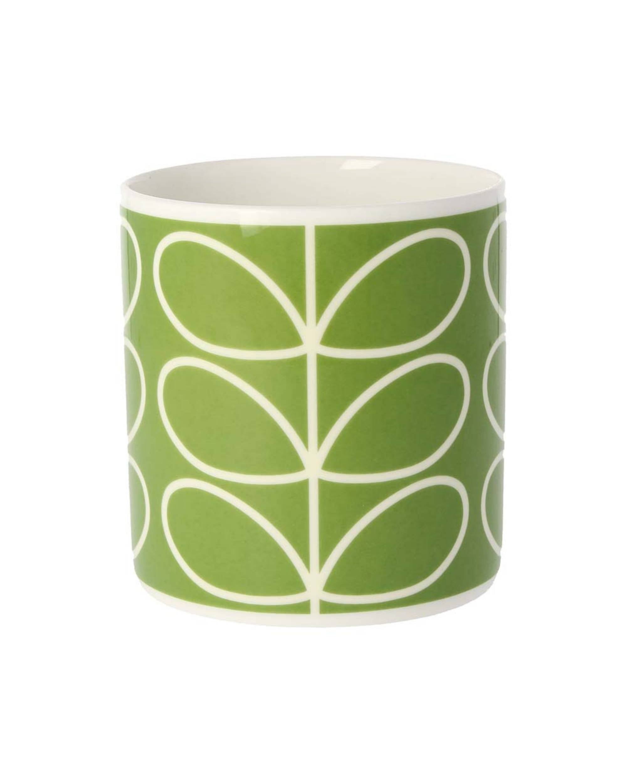 Orla Kiely Linear Stem grønn kopp i keramikk med hvitt grafisk bladmønster, innside i kremhvit farge.