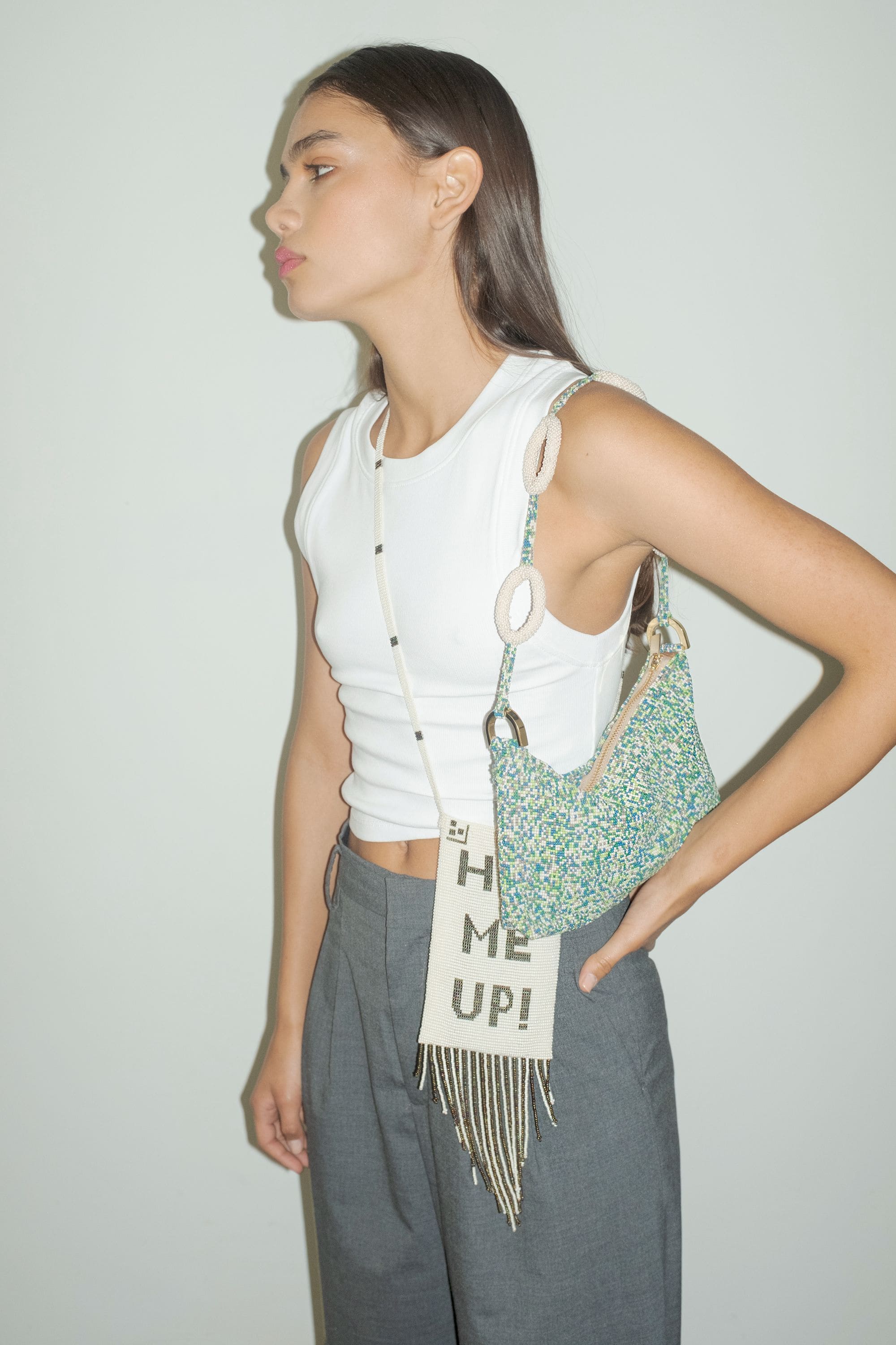 Beaded "HIT ME UP" Phone Bag