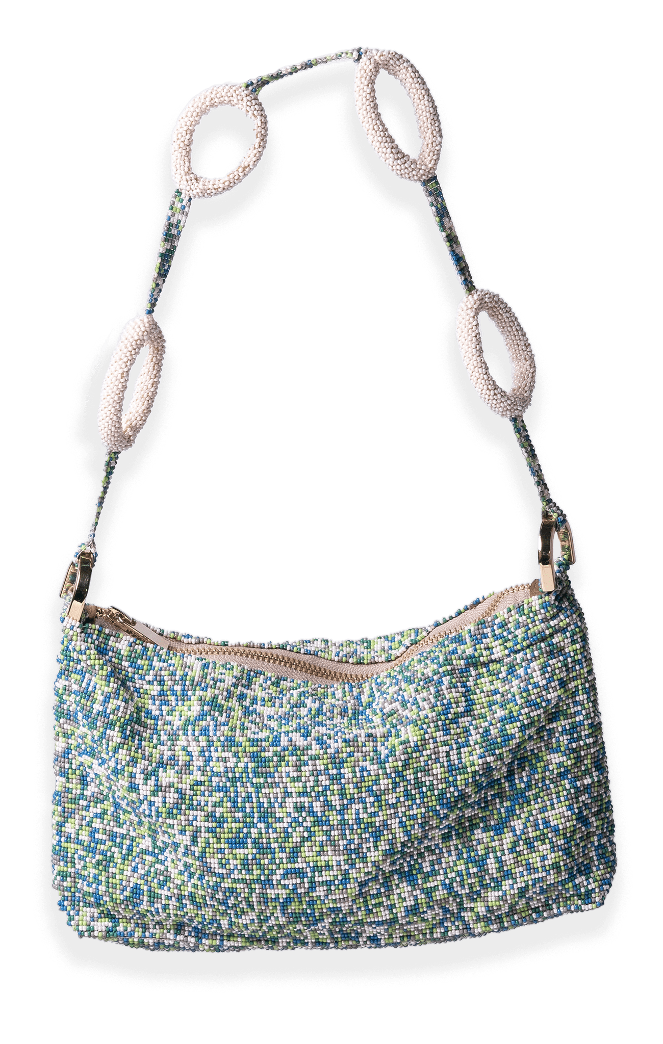 MarmaClub Beaded Loop Link Baguette håndveske, perlebrodert i hvite, grønne og blå nyanser, med unike ringlenker