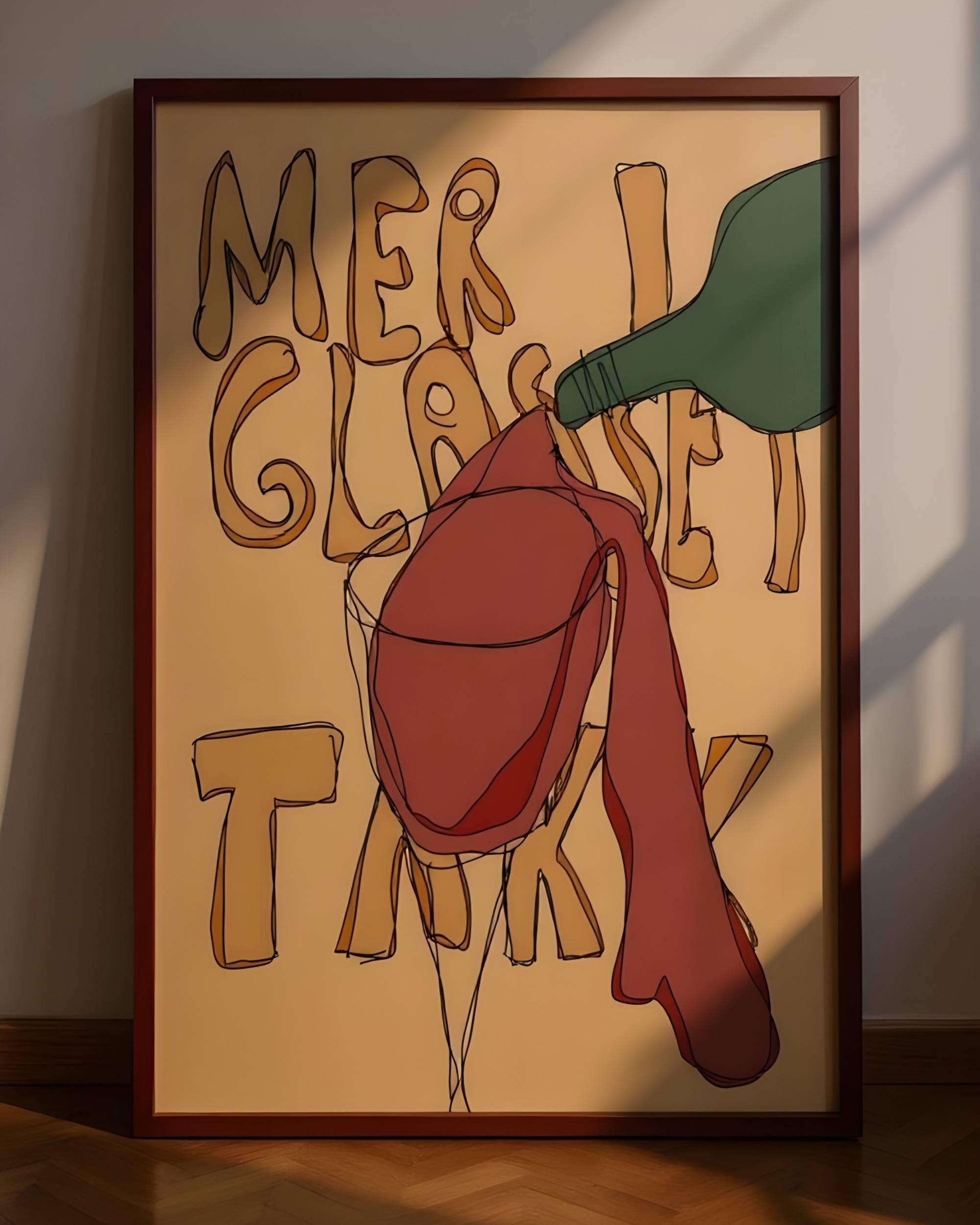 Printbydale Mer i glasset takk print med ramme. Humoristisk motiv av vinhelling, rødlig vin, beige bakgrunn.
