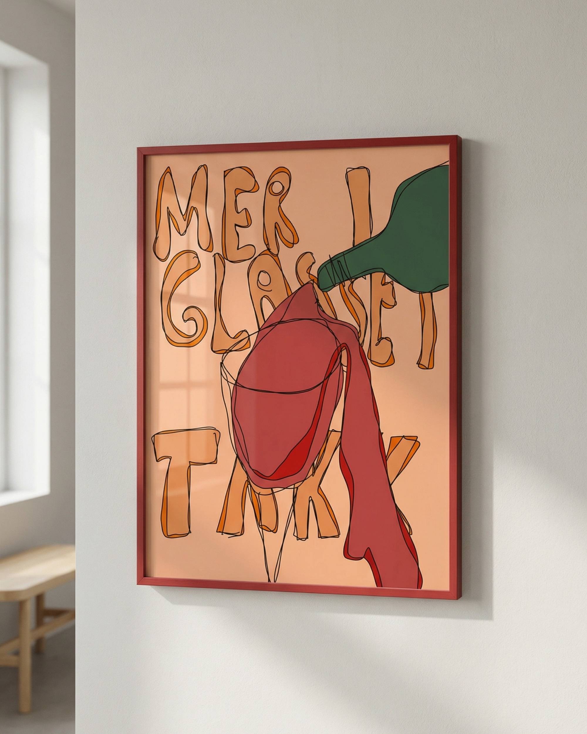 Printbydale Mer i glasset takk. Flerfarget print med teksten Mer i glasset takk, vinflaske, glass og rød ramme.