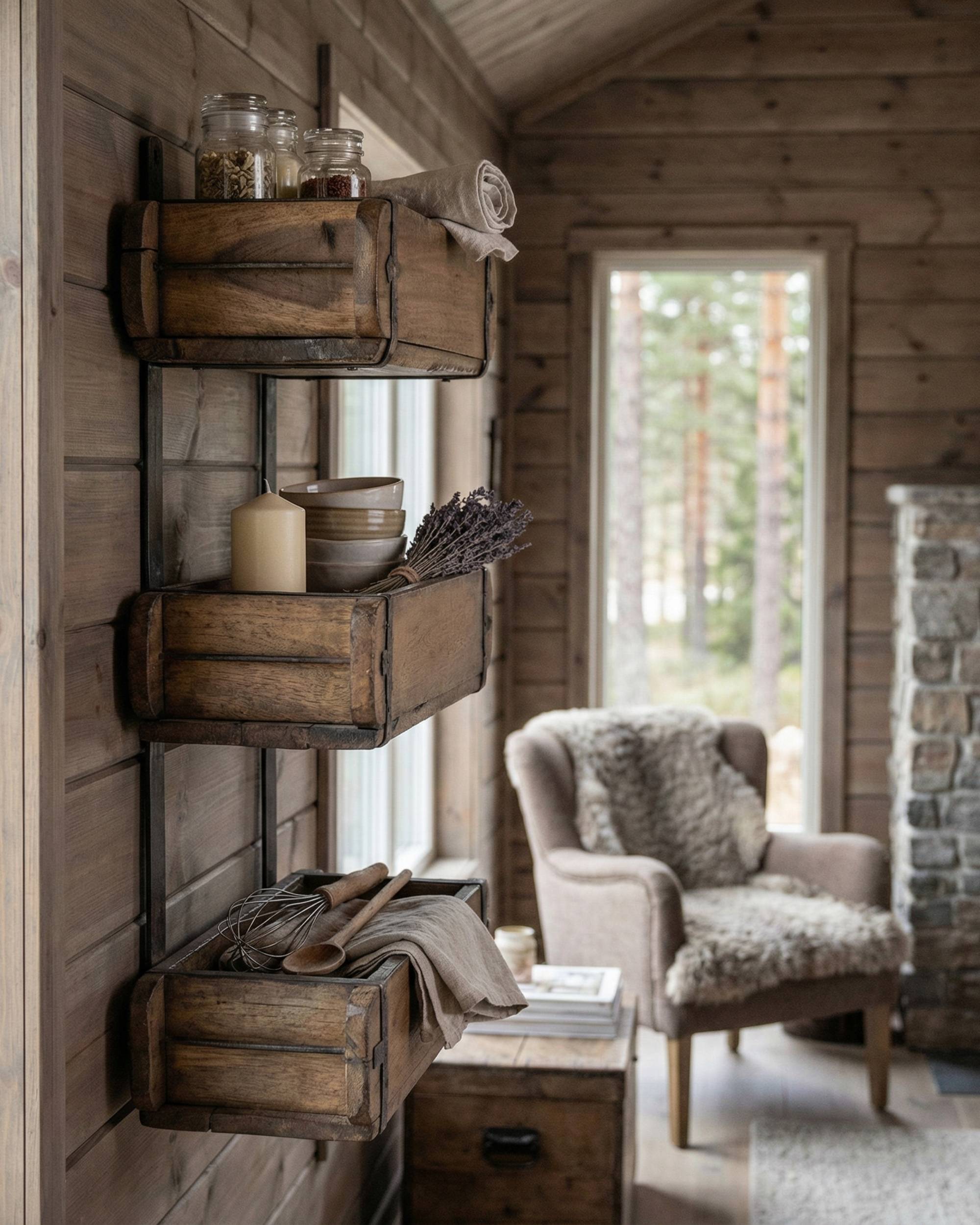 Trefarget trehylle med tre bokser fra Sjælsø Nordic