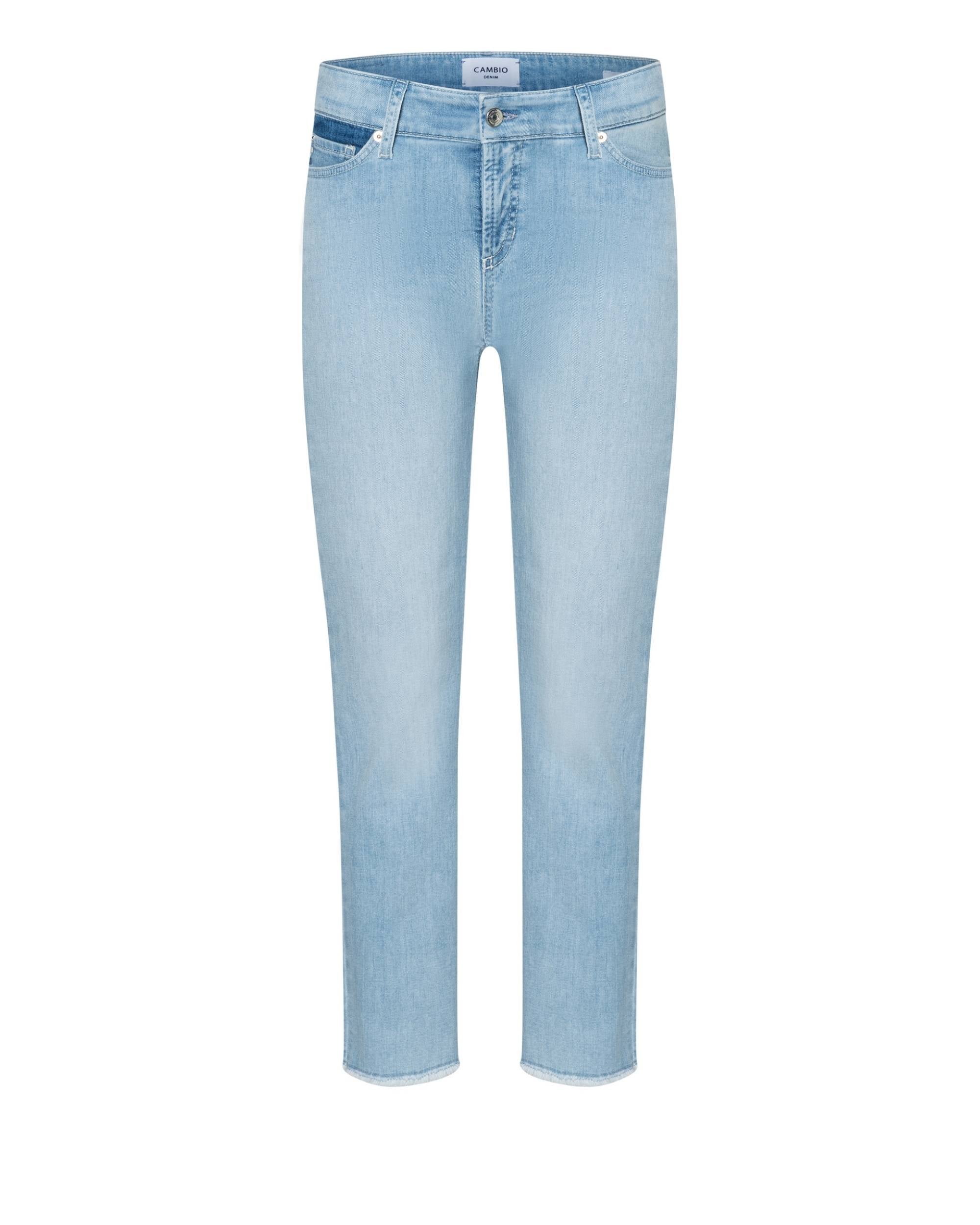 Cambio Piper Cropped Fringed bukse i lyseblå denim, smal passform med litt utsleng ved knærne, frynsekant