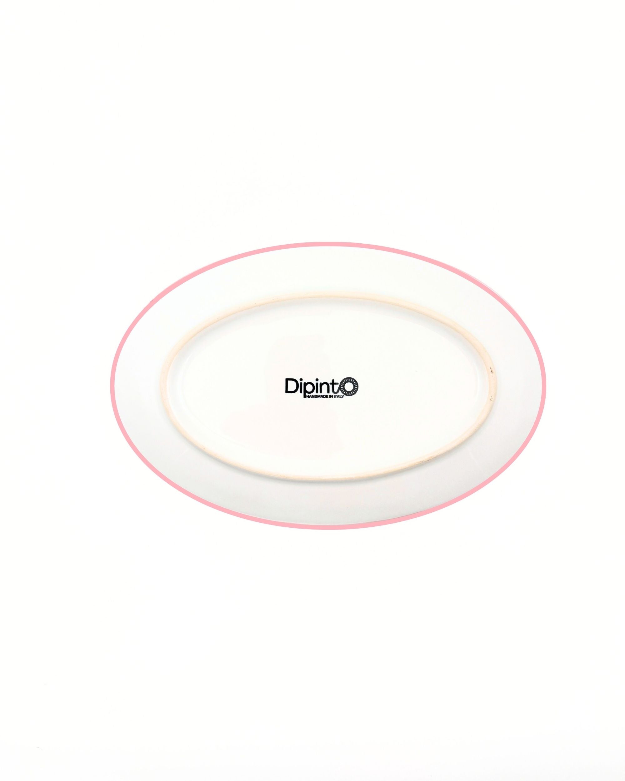 Dipinto Ceramics Linea Ovalt Fat, underside med lyserød kant og logo, italiensk keramikk