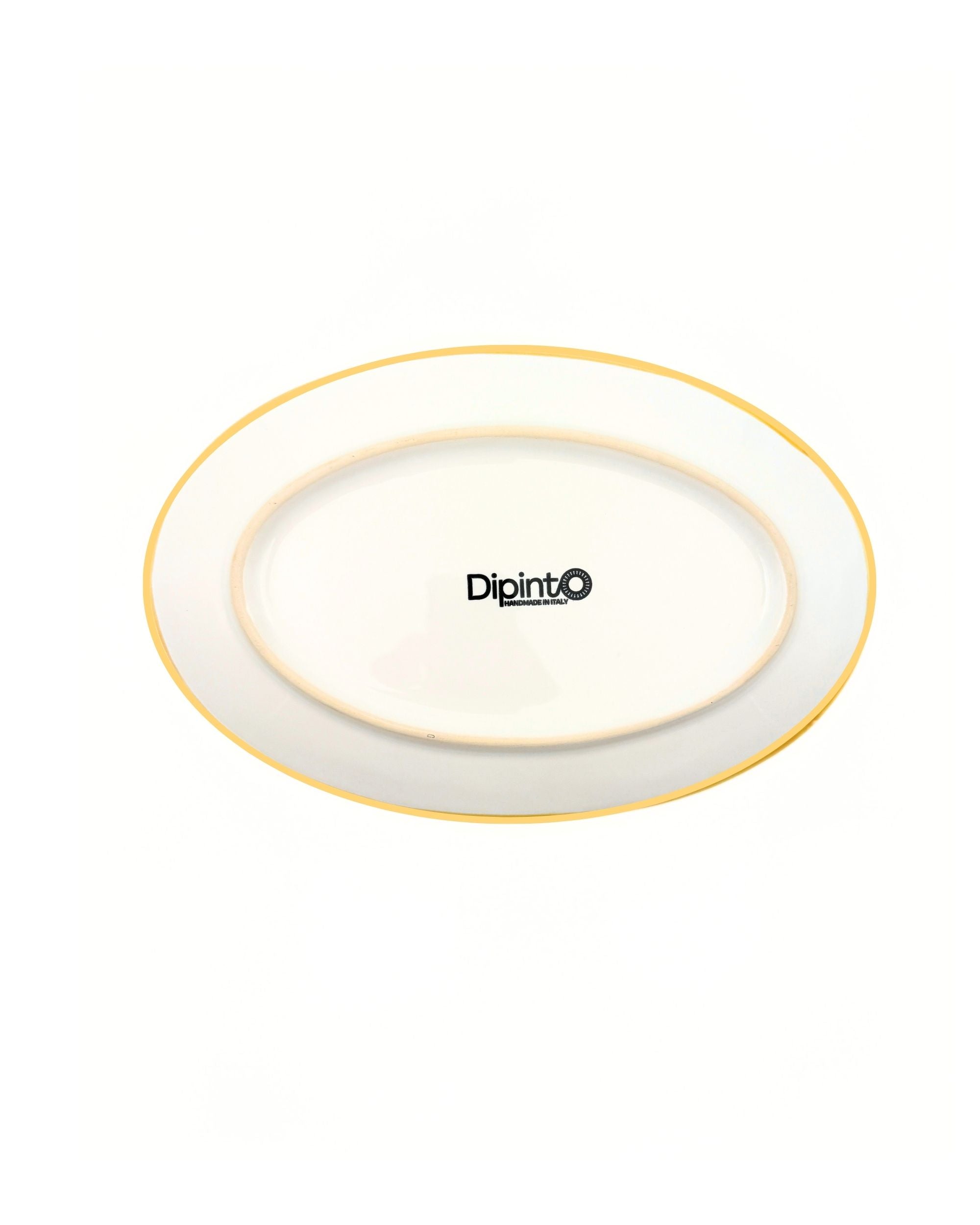 Dipinto Ceramics Linea Ovalt Fat 24cm, underside med gult kantbånd, Dipinto-logo og ulakert keramikkring i hvitt