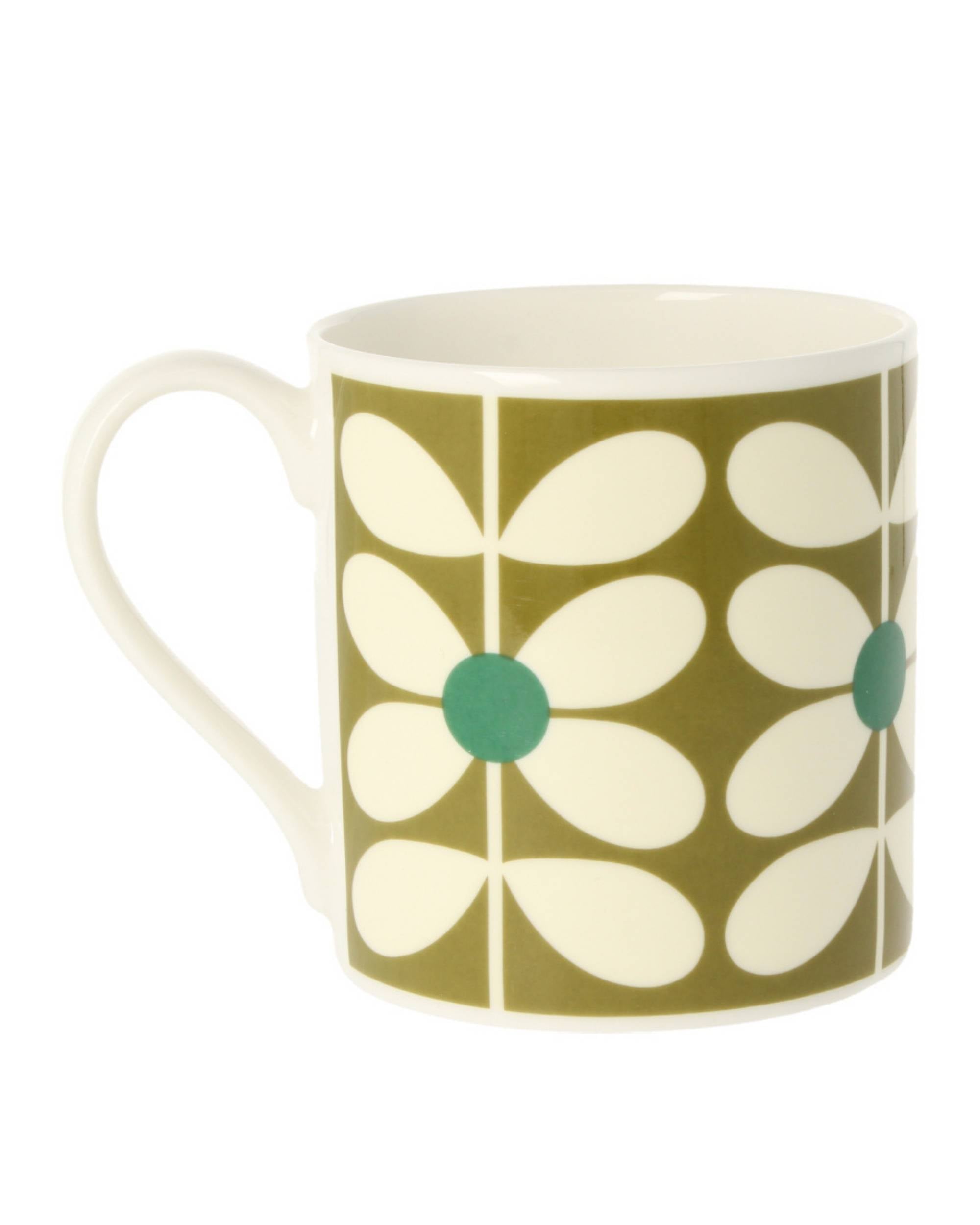 Orla Kiely Sixties Stem Olive kopp av keramikk, med grønt stilkmønster på hvit bakgrunn, hvit hank.