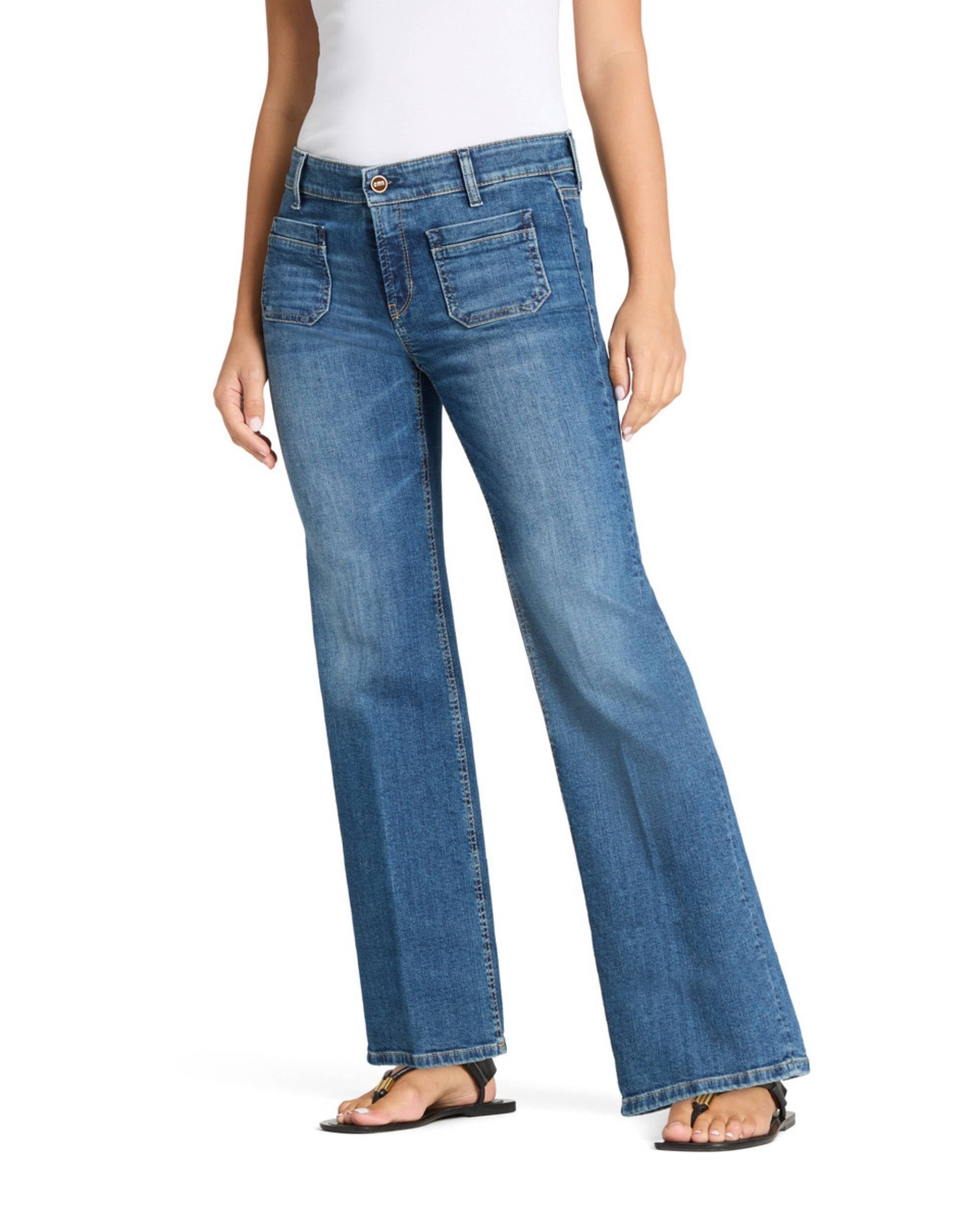 Cambio Tess Pocket jeans, blå denim med vide ben, små firkantede lommer foran, stretch og komfortabel