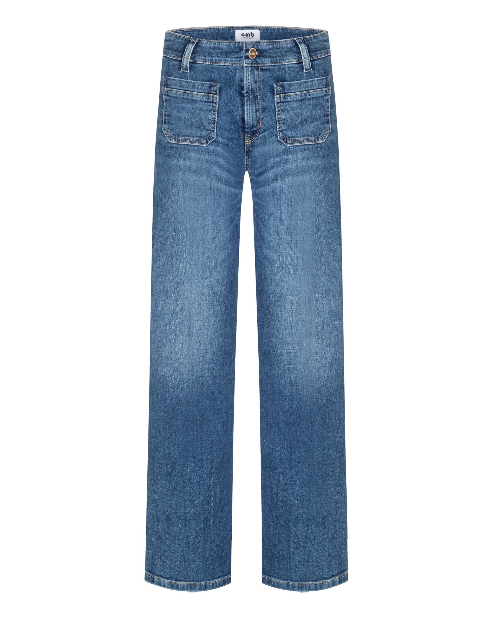 Tess Pocket Cambio jeans, lys blå denim, midje, knepping, hemper og to firkantede paspel lommedetaljer
