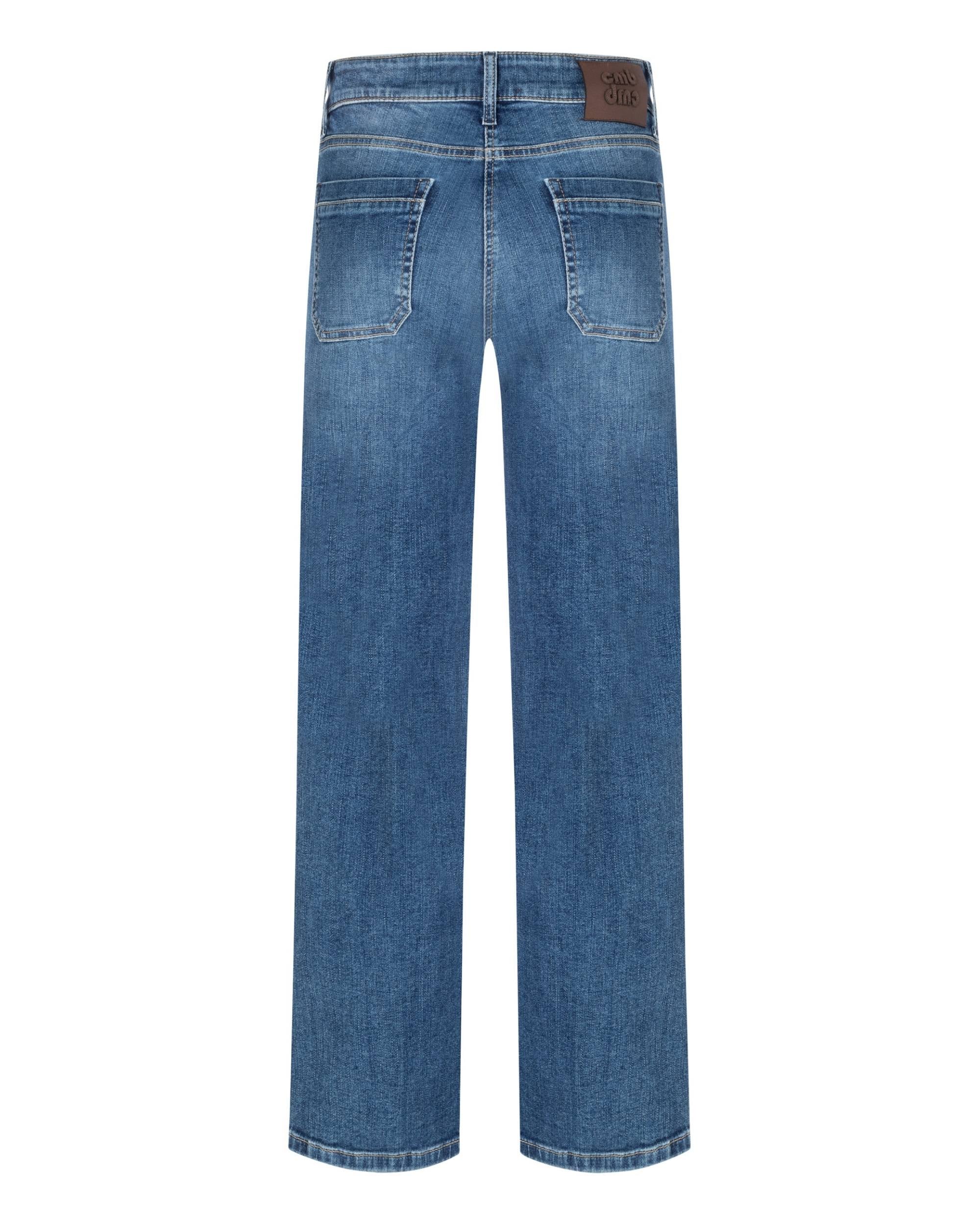 Cambio Tess Pocket jeans, bakfra med brune skinndetaljer, vide ben og vide passpoilerte baklommer