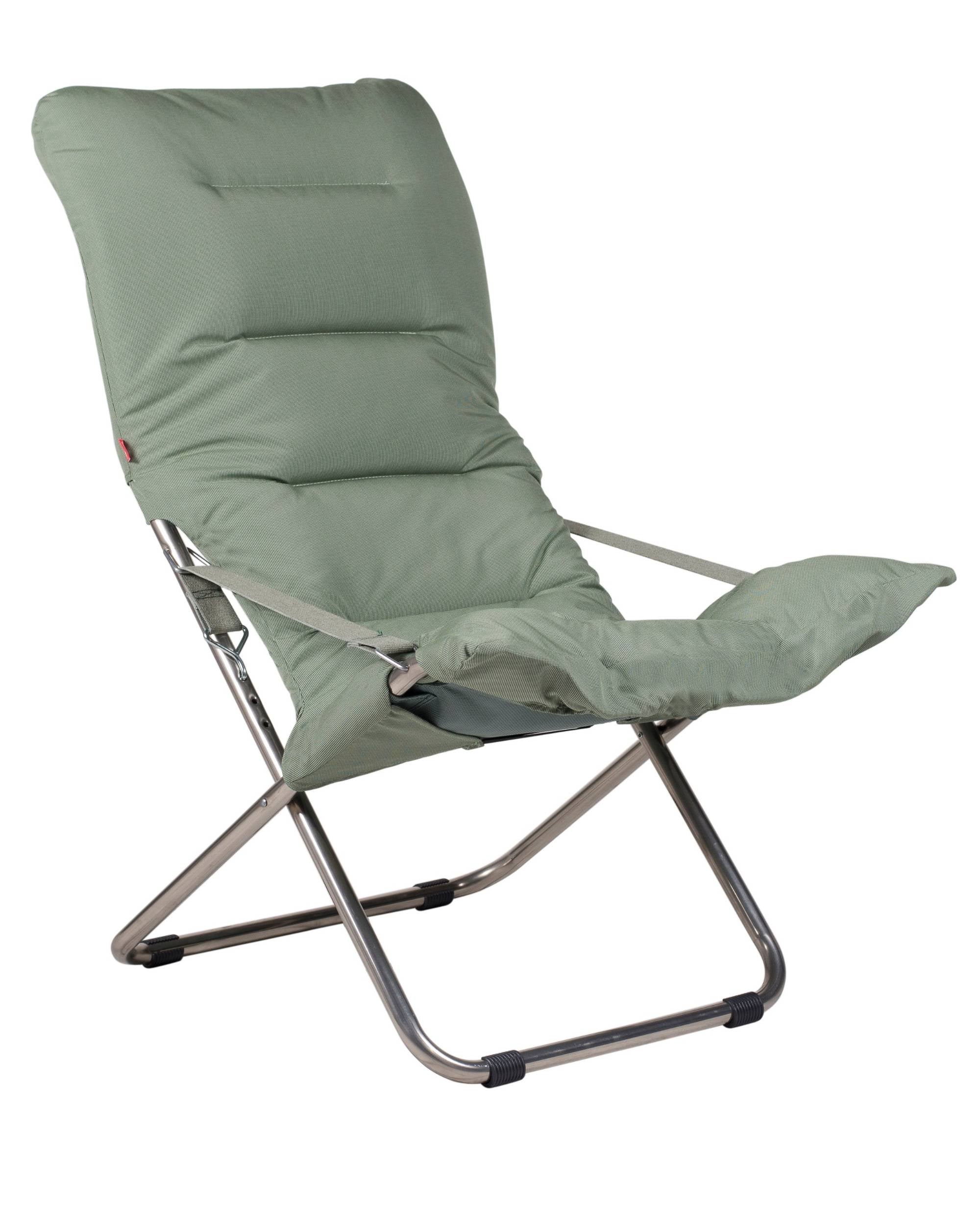 Solstol Fiesta Soft fra FIAM i salviegrønn med polstret sete og aluminiumsramme, vist på hvit bakgrunn