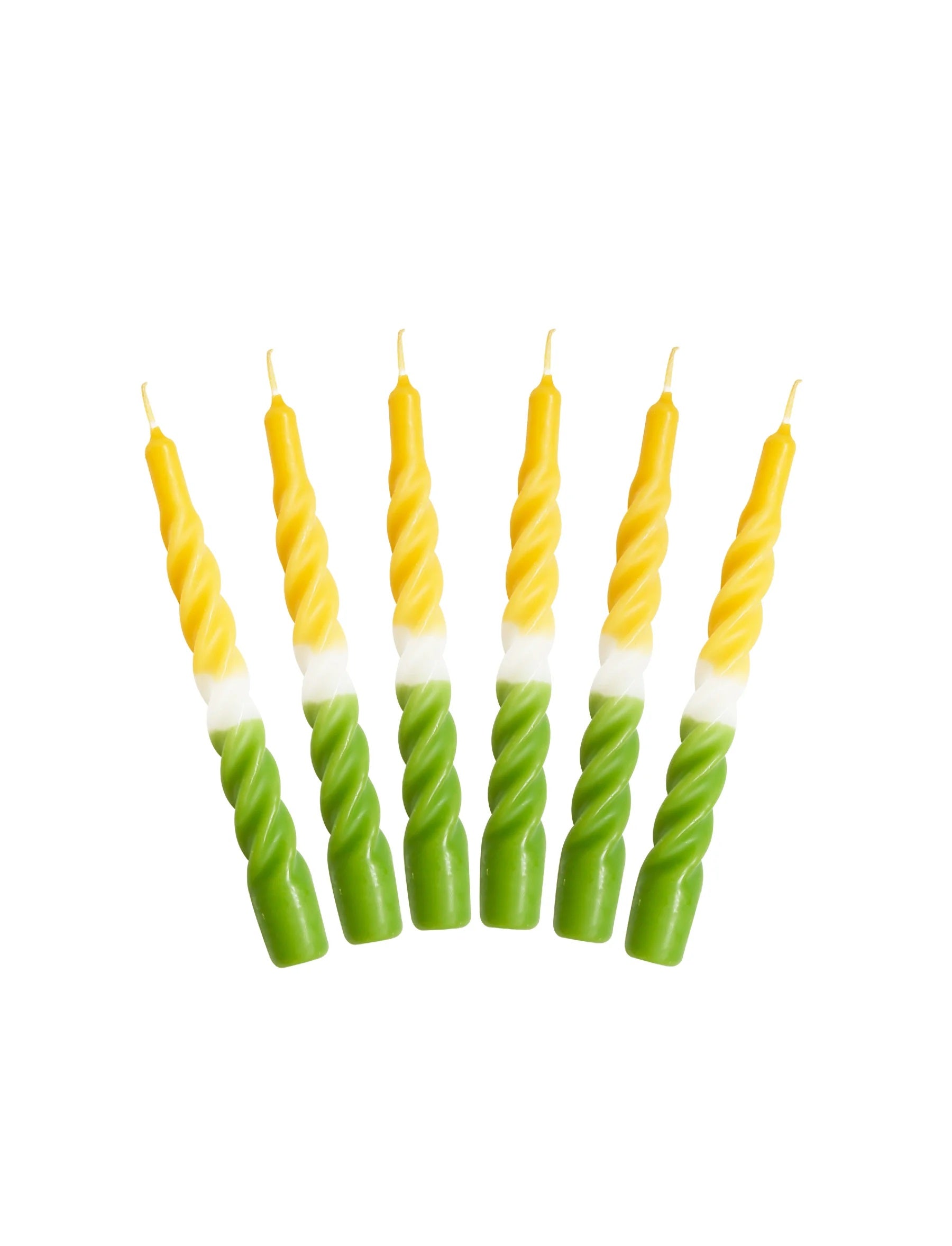 Candle with a twist, snurrelys, fra Kunstindustrien i gult, grønt og hvitt