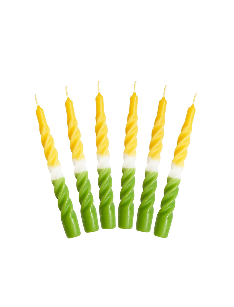 Candle with a twist, snurrelys, fra Kunstindustrien i gult, grønt og hvitt